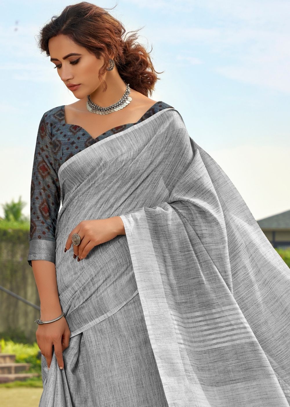 Buy MySilkLove Silver Grey Soft Linen Silk Saree Online