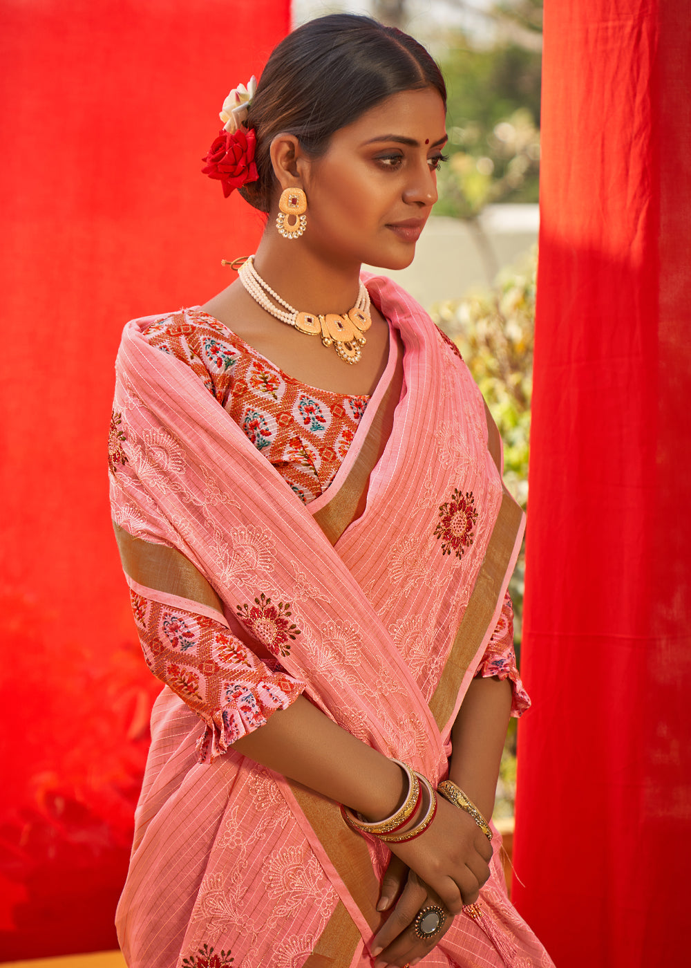 Buy MySilkLove Wax Flower Pink Woven Linen Silk Saree Online