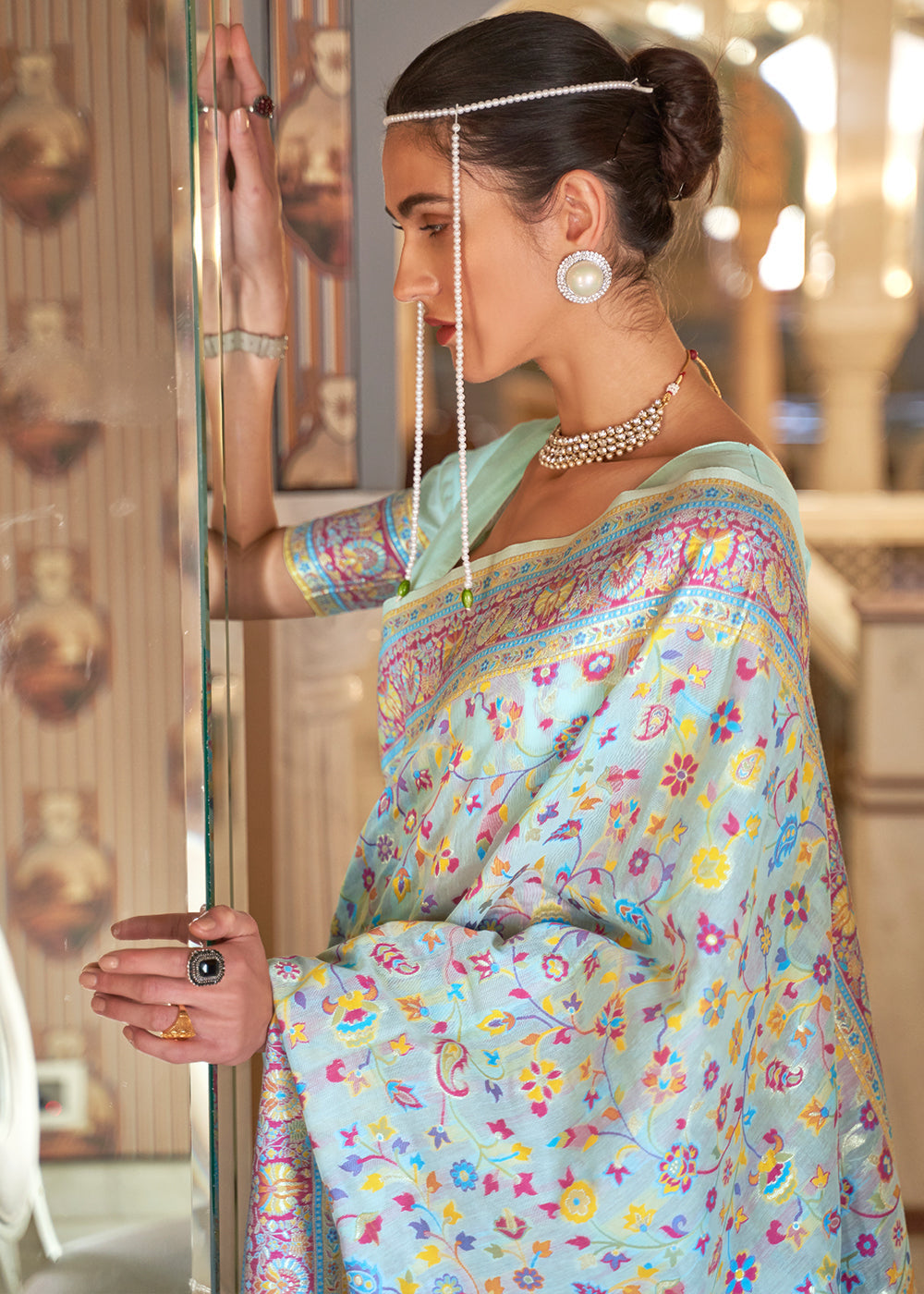 Buy MySilkLove Peppermint Blue Banarasi Jamawar Woven Silk Saree Online