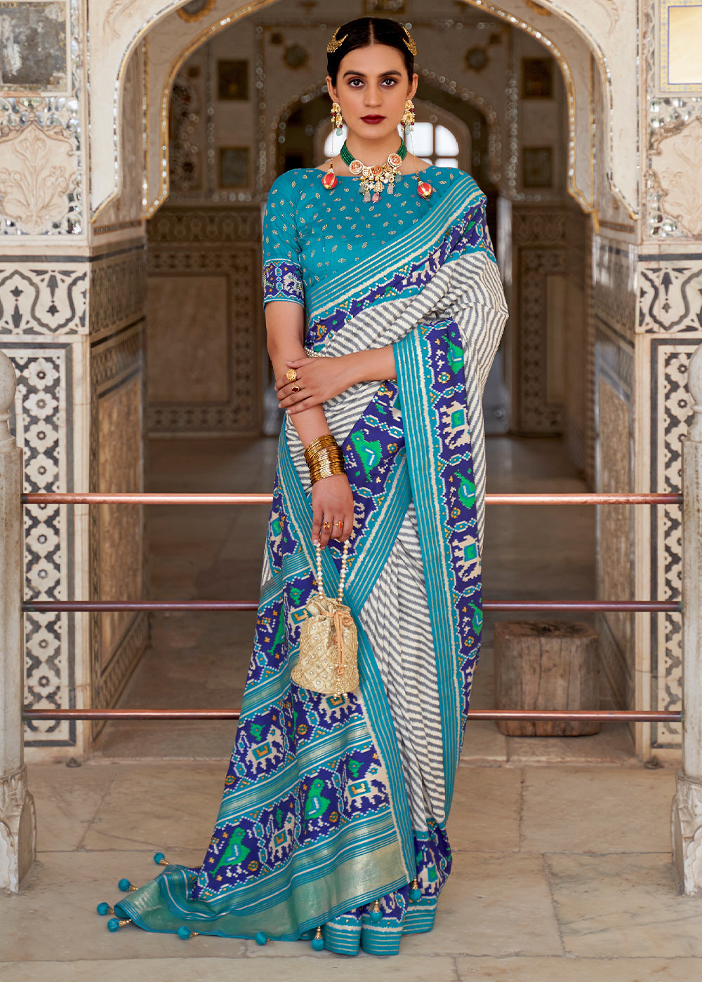 Buy MySilkLove Geyser White and Blue Cotton Patola Printed Saree Online
