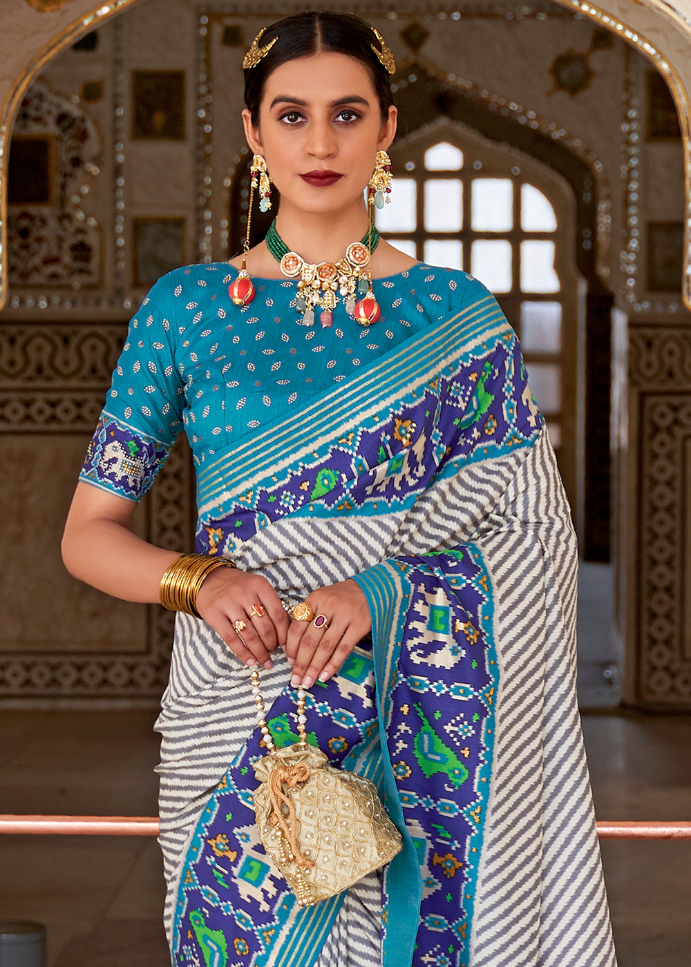 Buy MySilkLove Geyser White and Blue Cotton Patola Printed Saree Online
