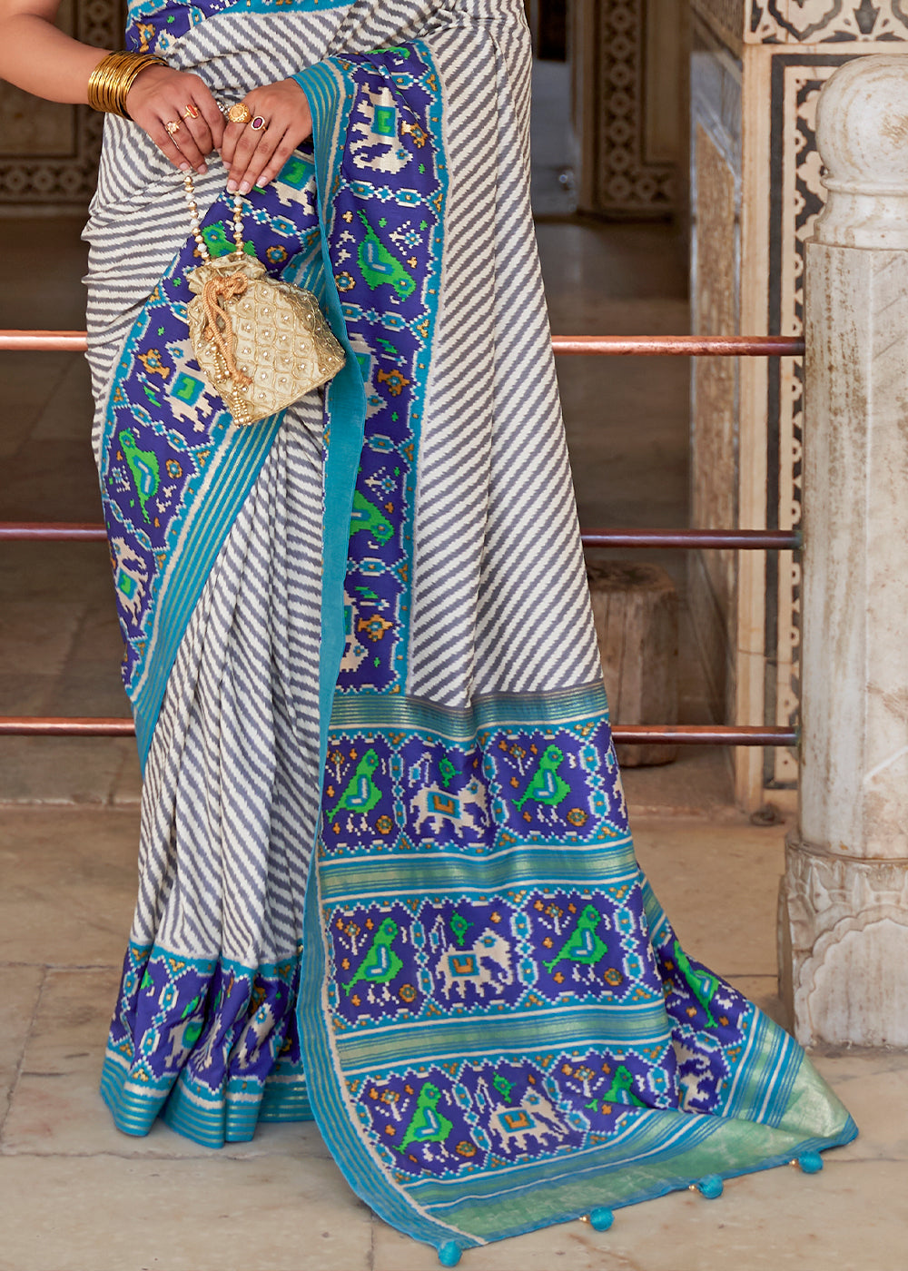 Buy MySilkLove Geyser White and Blue Cotton Patola Printed Saree Online