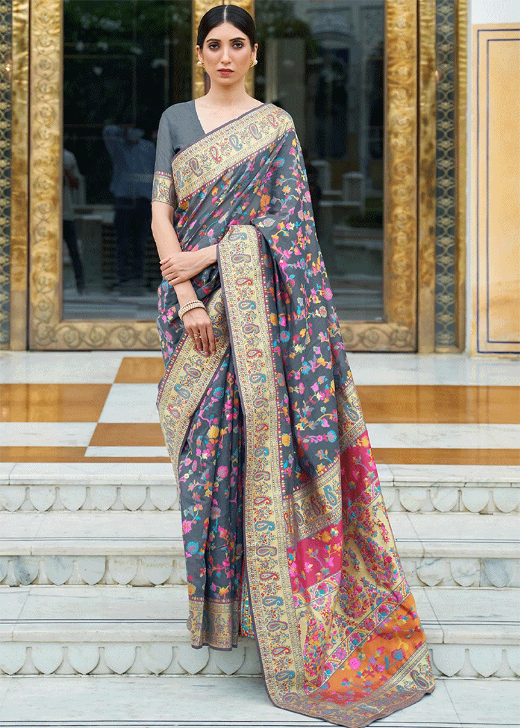 Buy MySilkLove Anchor Grey Kashmiri Jamawar Woven Banarasi silk saree Online