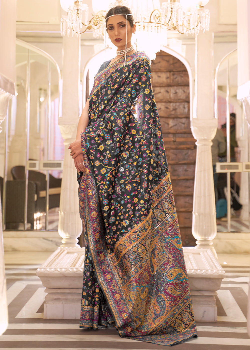 Buy MySilkLove Kabul Black Banarasi Jamawar Woven Silk Saree Online