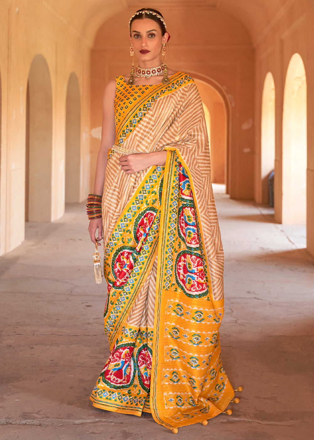 Buy MySilkLove Sea Buckthorn Yellow Printed Patola Silk Saree Online