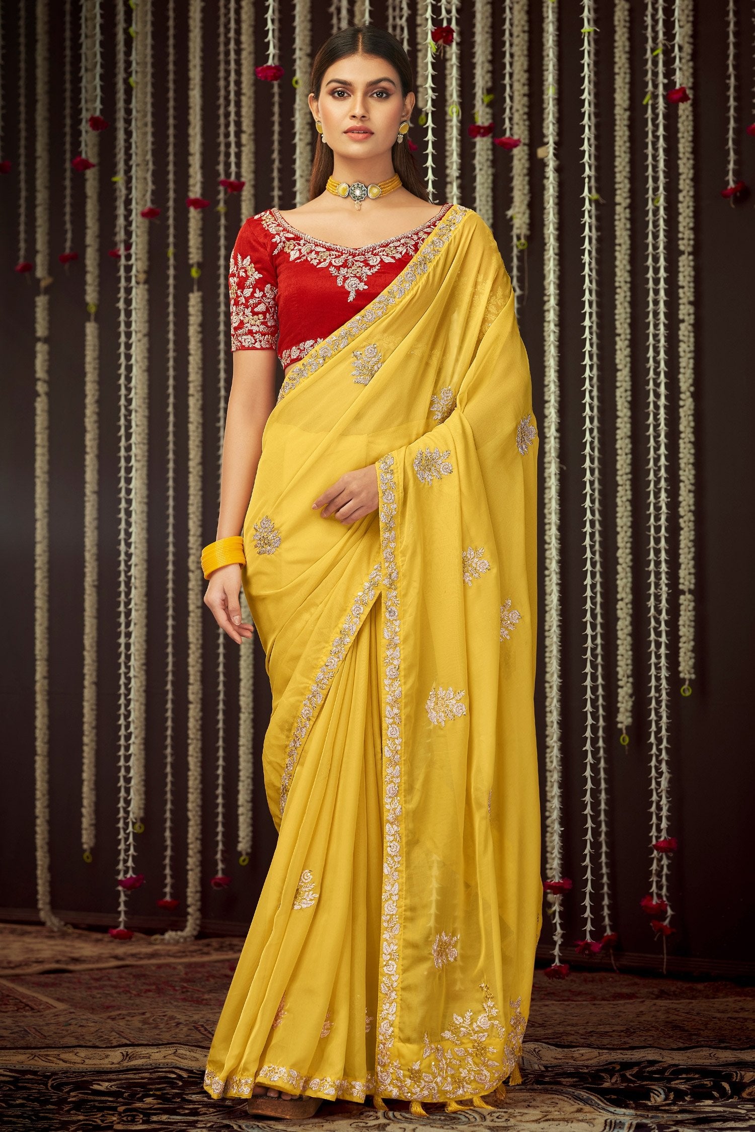 Buy Canary Yellow 3D Floral Embroidered Organza Saree