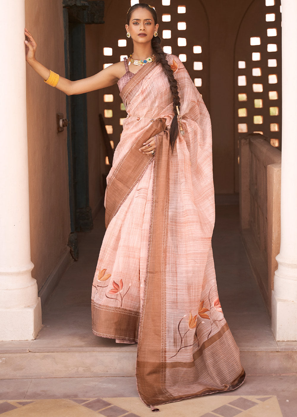 Buy MySilkLove Fair Pink Printed Kora Silk Saree Online