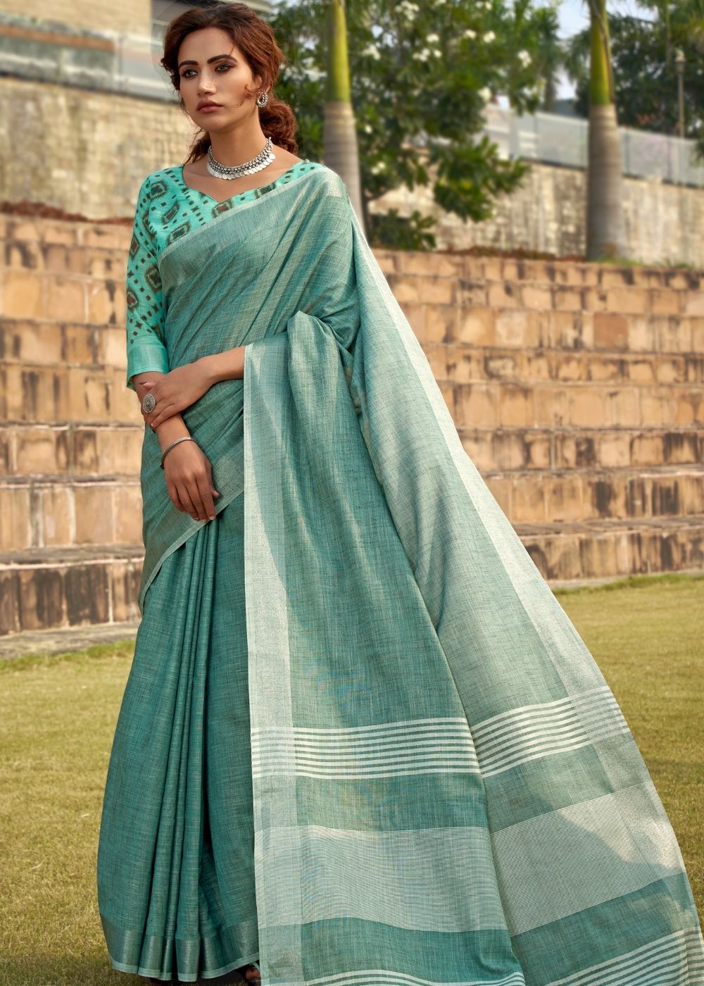 Buy MySilkLove Viridian Green Soft Linen Silk Saree Online