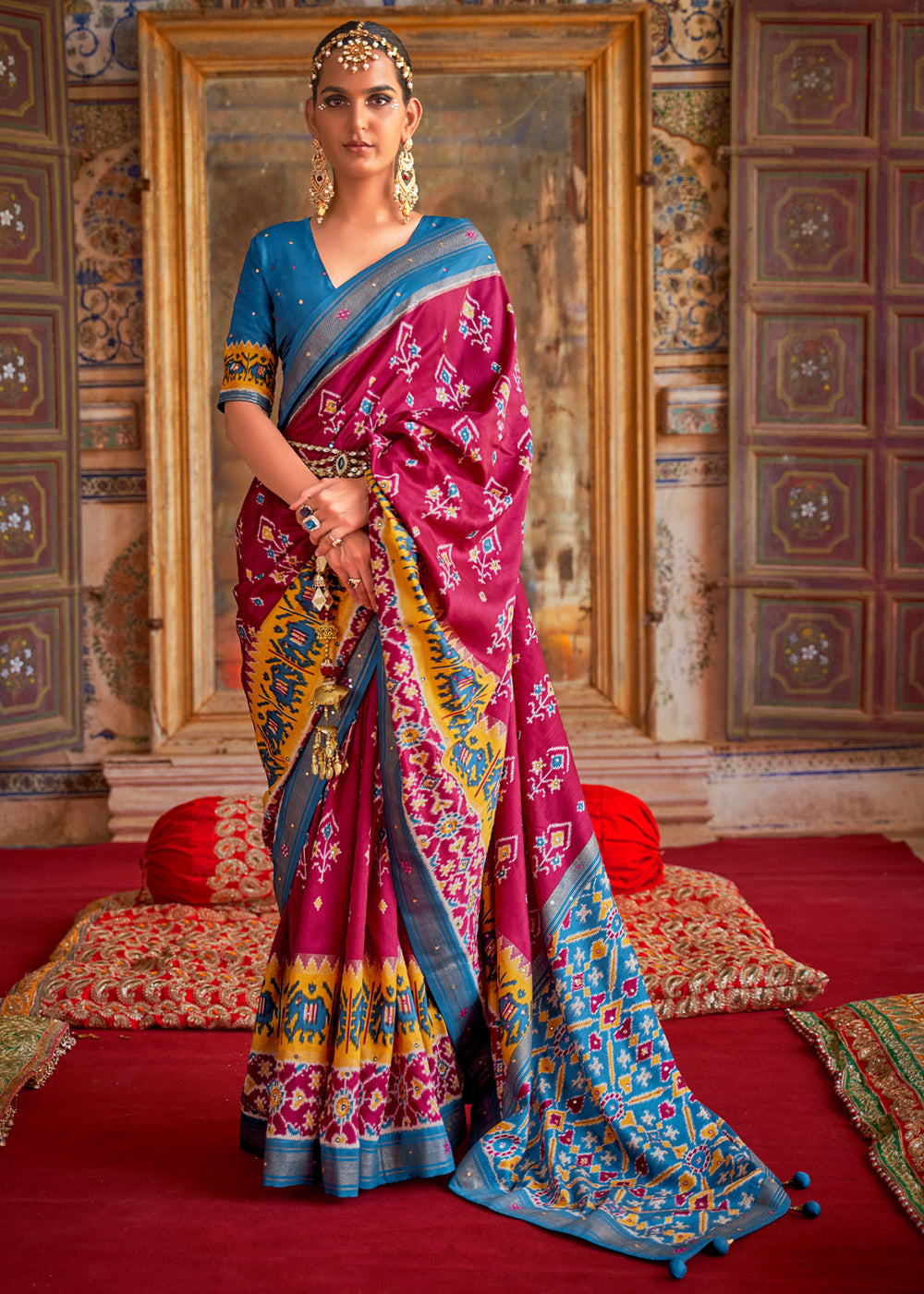 Buy MySilkLove Pink Salmon and Blue Woven Patola Silk Saree Online