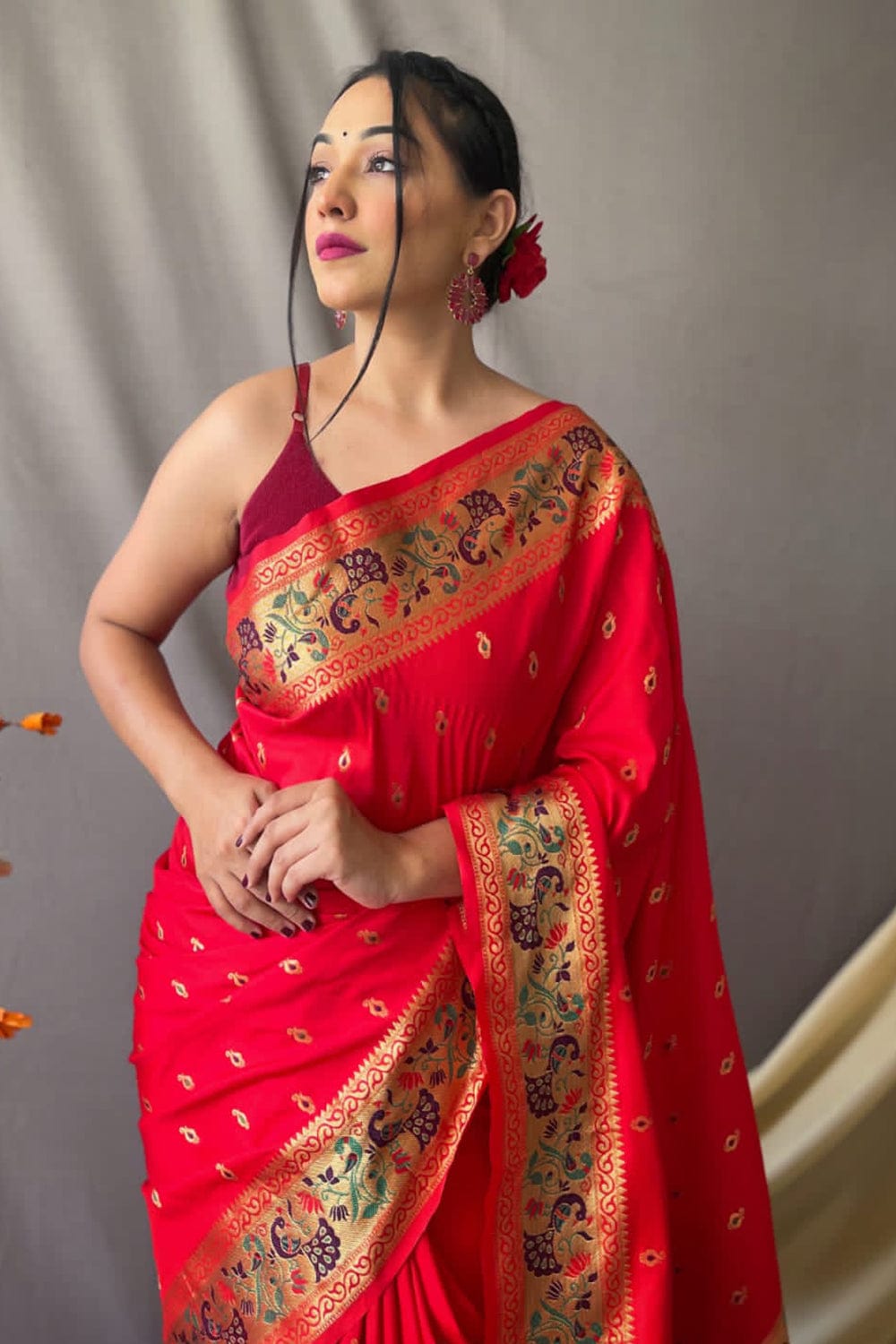 Buy MySilkLove Crimson Red Zari Woven Paithani Saree Online