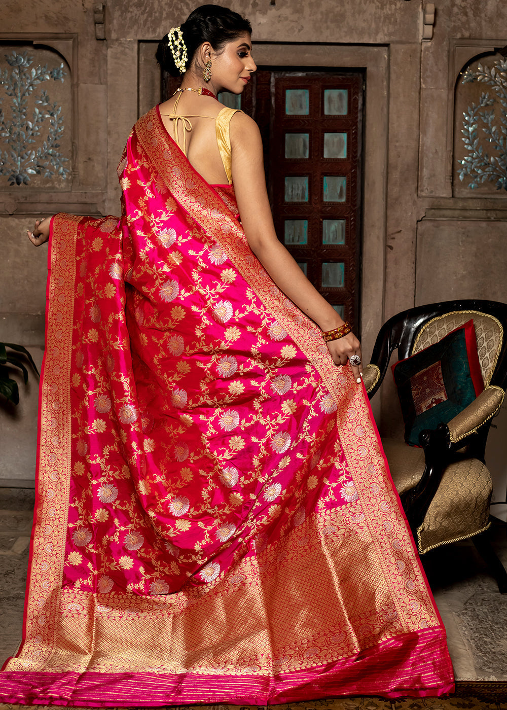 Buy MySilkLove Watermelon Pink Hand Woven Katan Pure Silk Saree Online