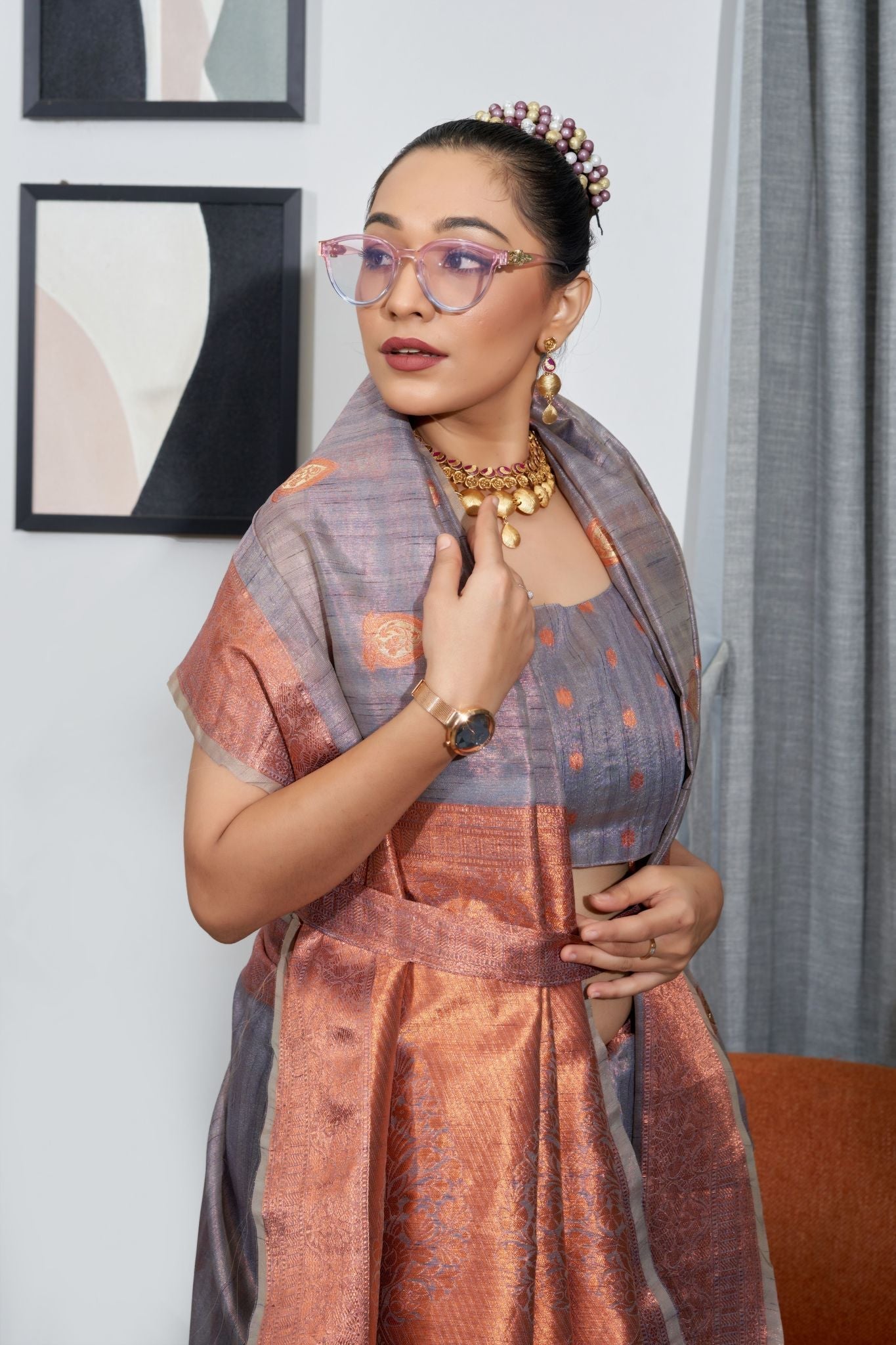 Buy MySilkLove Dusty Gray Grey Woven Organza Tissue Silk Saree Online