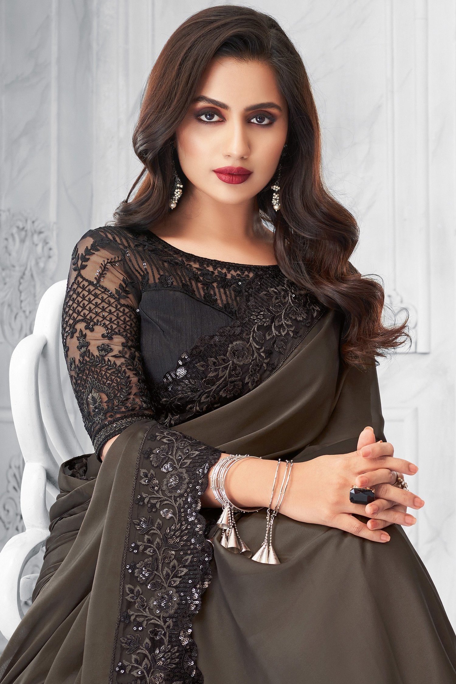 Buy MySilkLove Shark Grey Two Tone Georgette Designer Silk Saree Online