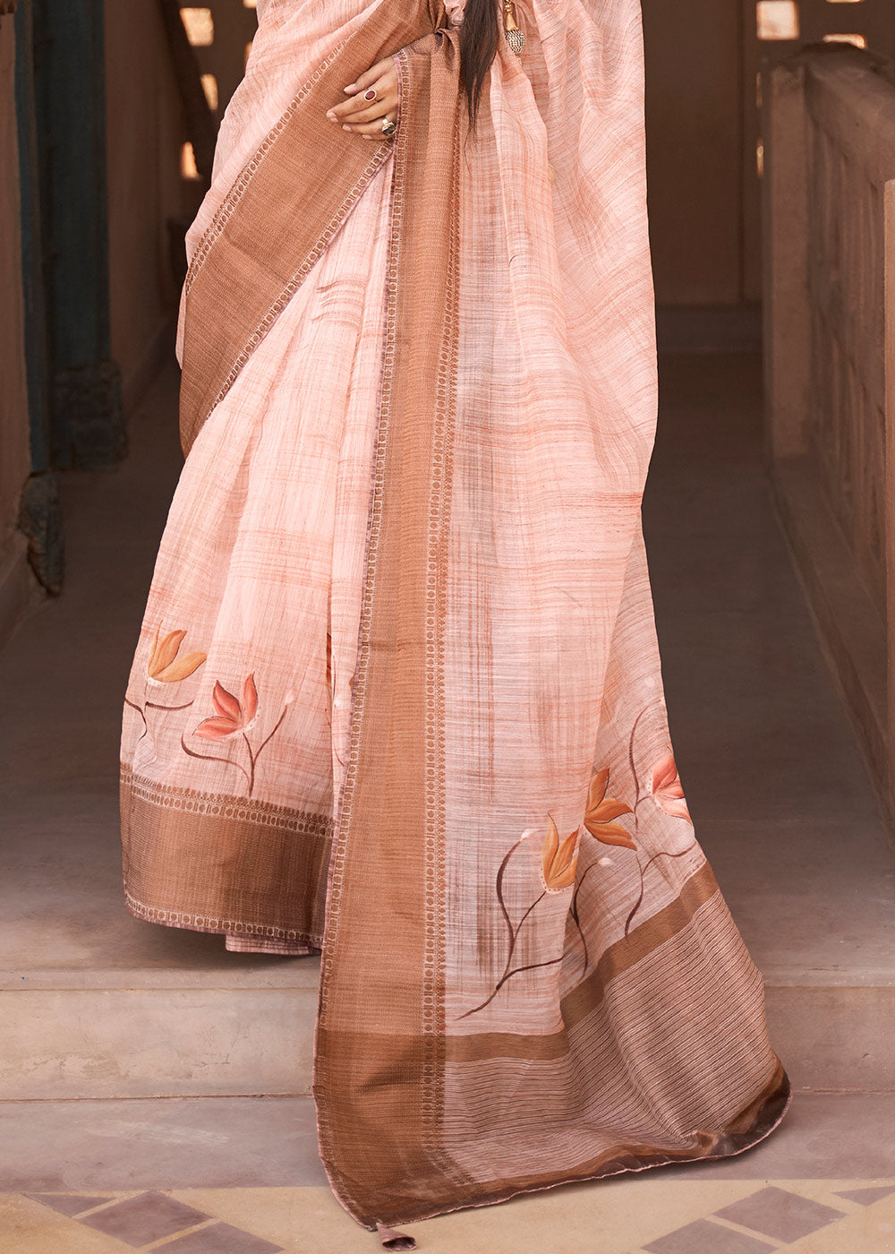 Buy MySilkLove Fair Pink Printed Kora Silk Saree Online