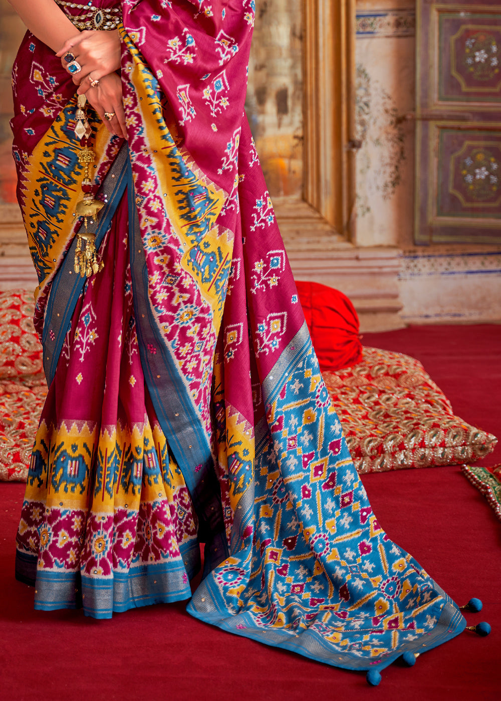 Buy MySilkLove Pink Salmon and Blue Woven Patola Silk Saree Online