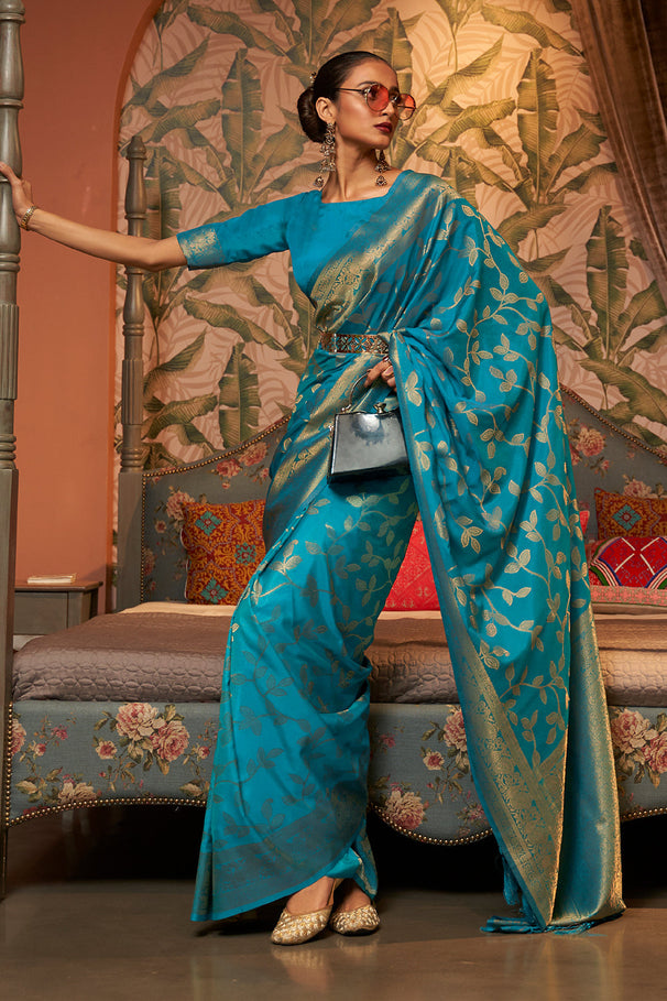 Buy MySilkLove Blue Lagoon Zari Woven Kanjivaram Silk Saree Online