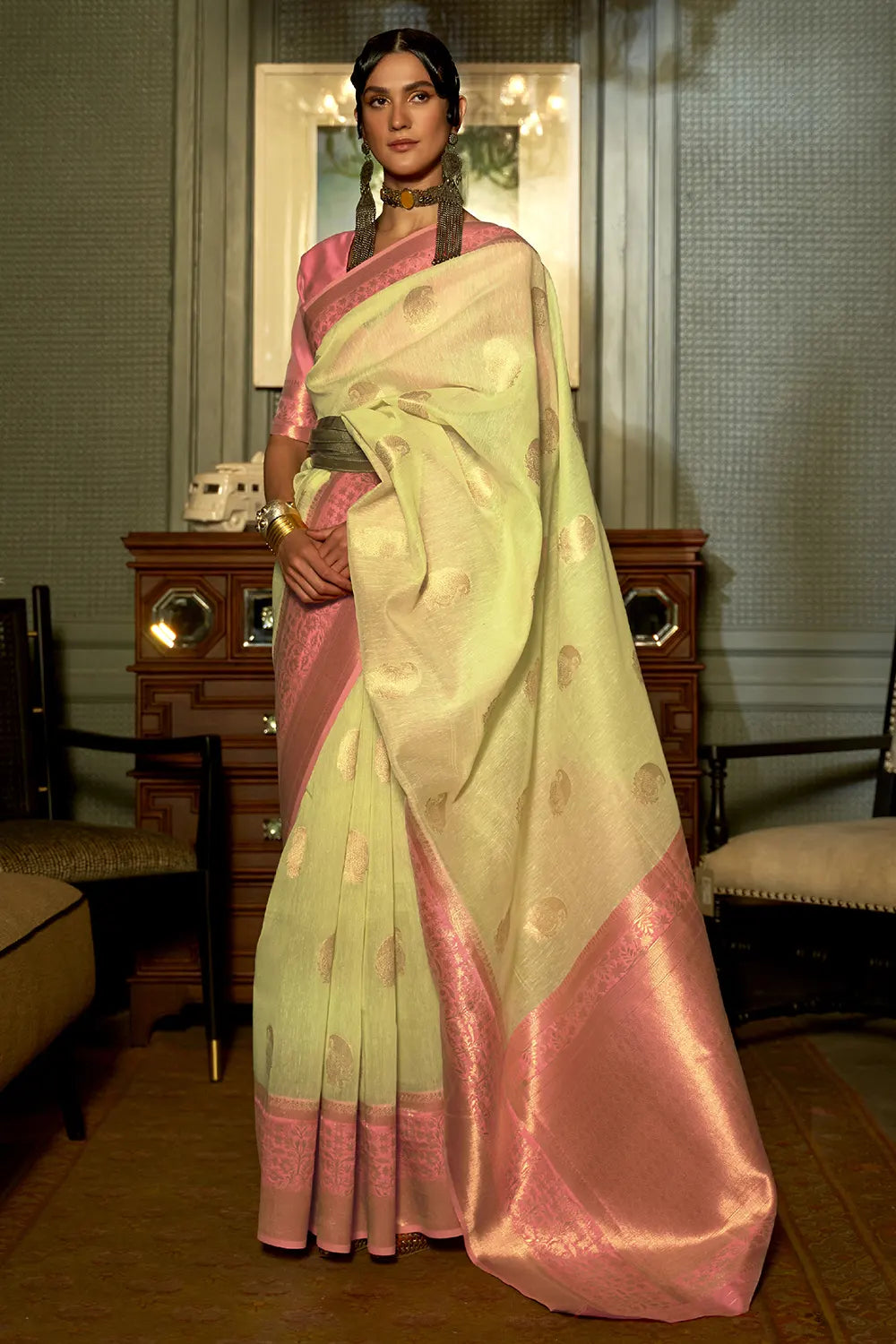 Buy MySilkLove Canary Yellow Copper Zari Woven Linen Saree Online