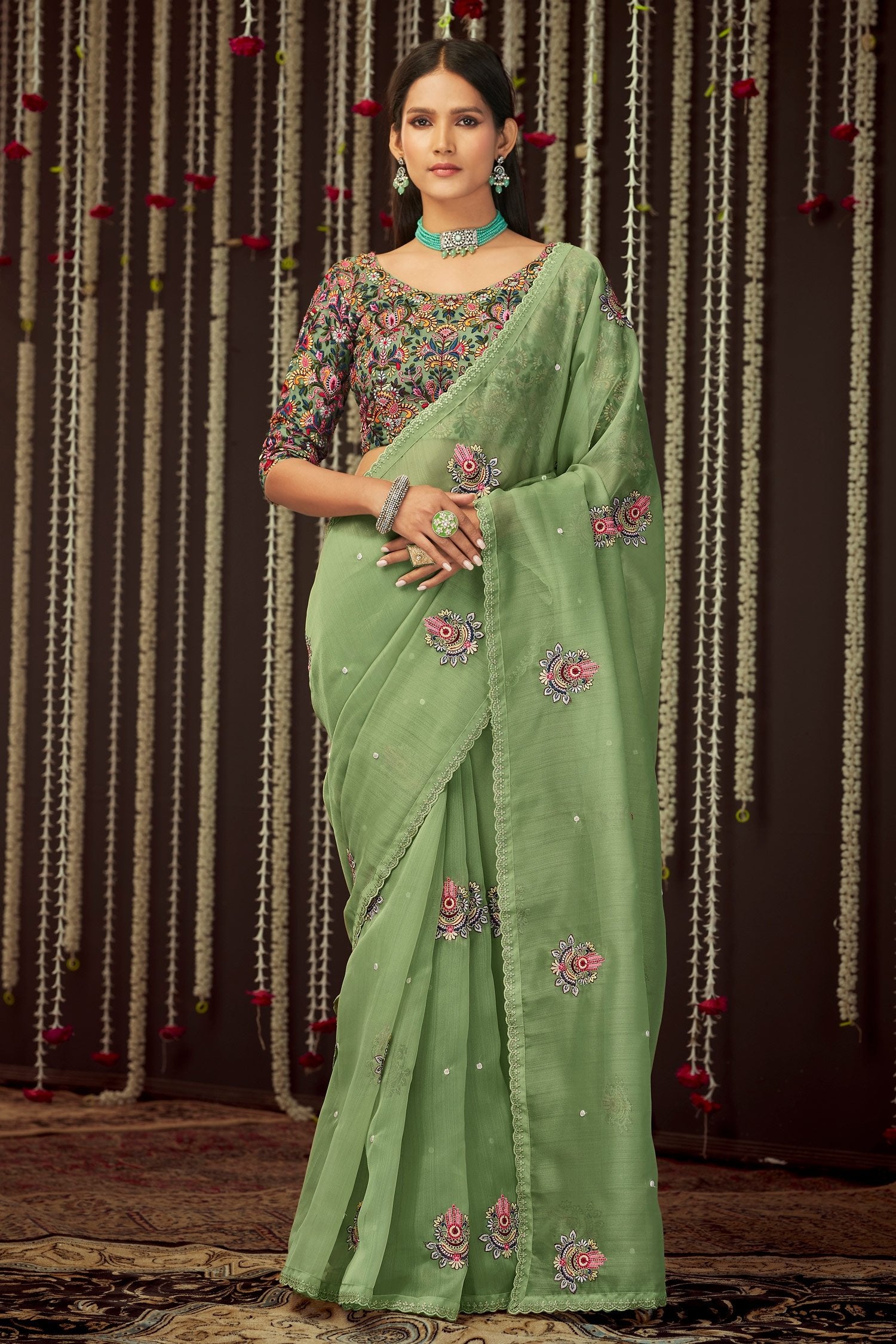 Buy MySilkLove Green Smoke Organza Designer Silk Saree Online