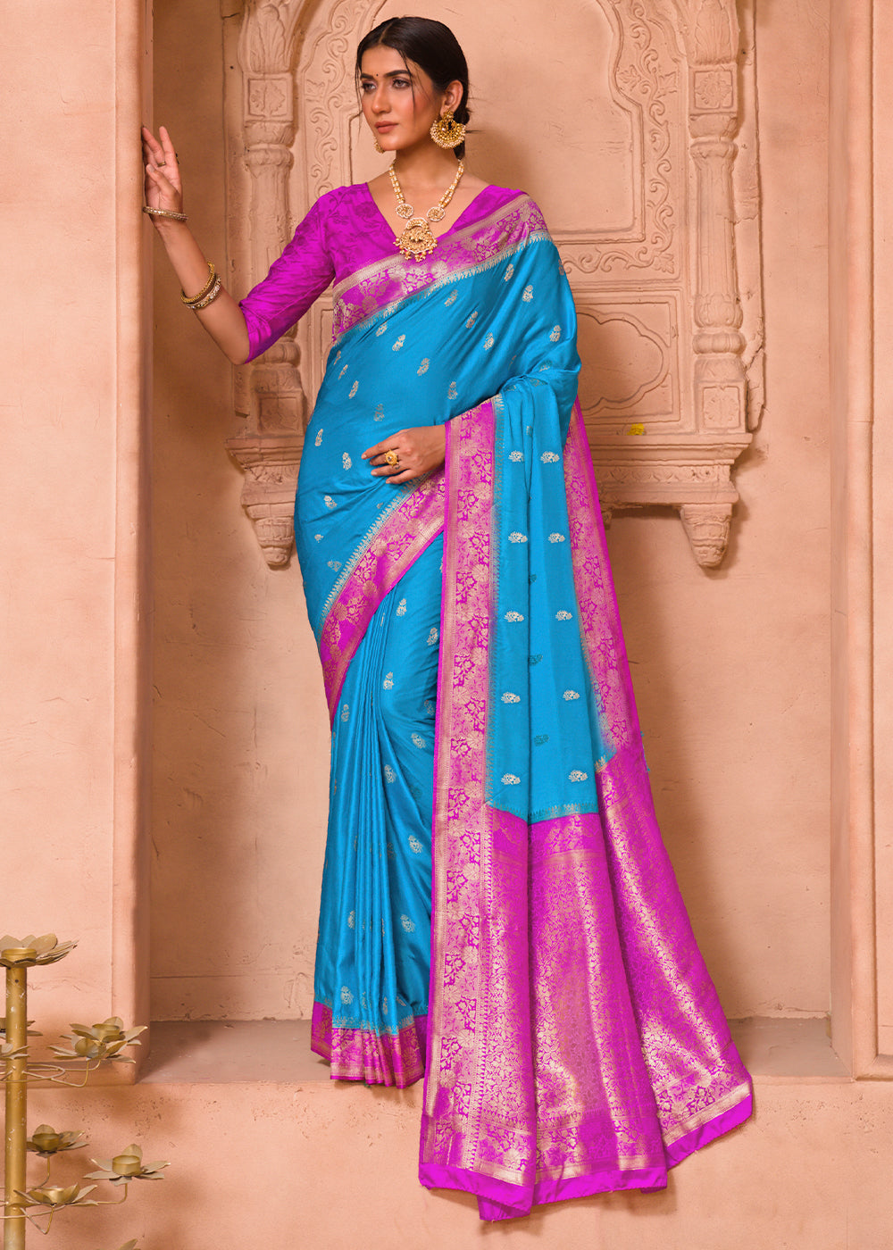 Buy MySilkLove Cerulean Blue and Purple Banarasi Satin Silk Saree Online