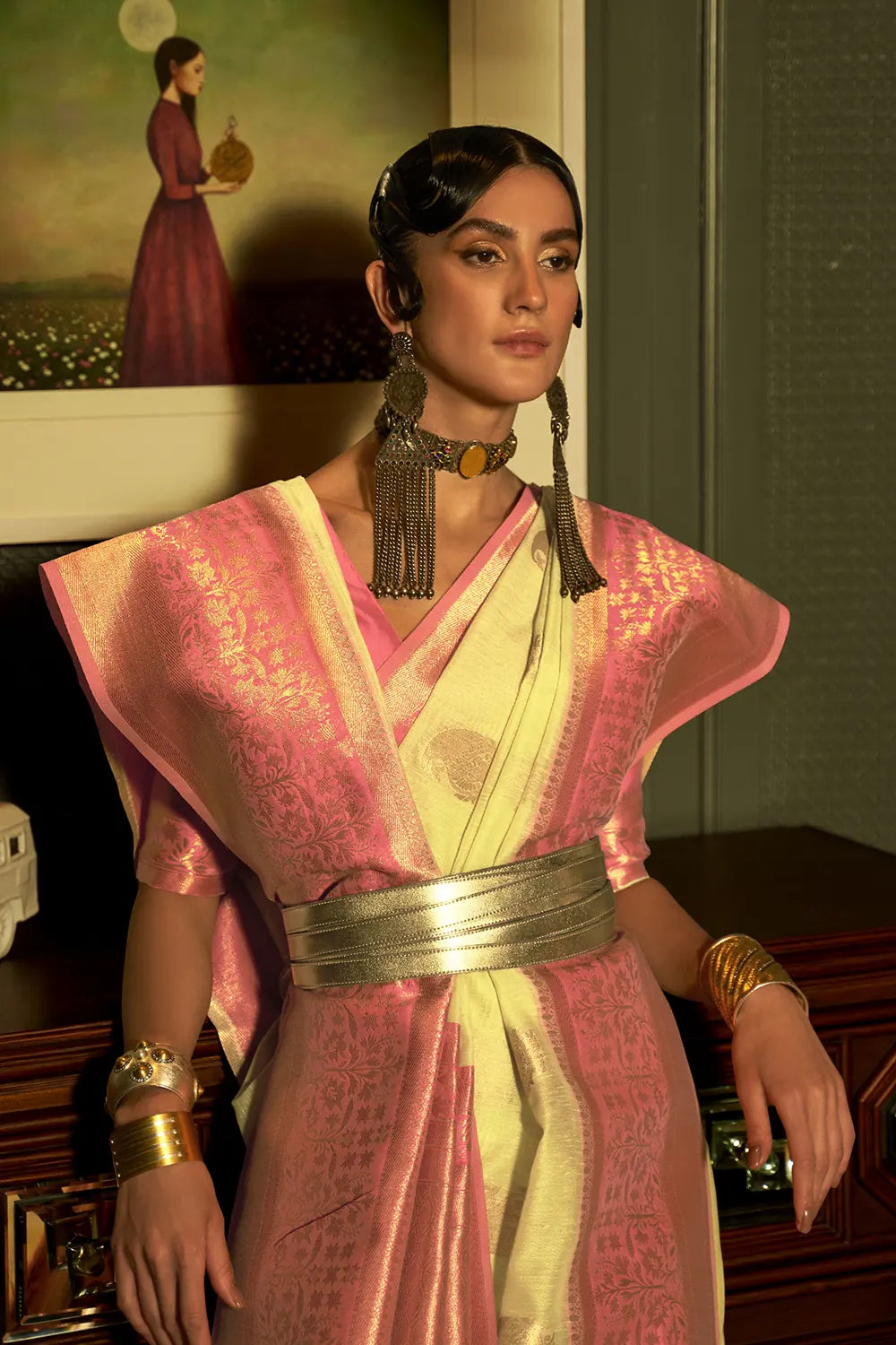 Buy MySilkLove Canary Yellow Copper Zari Woven Linen Saree Online