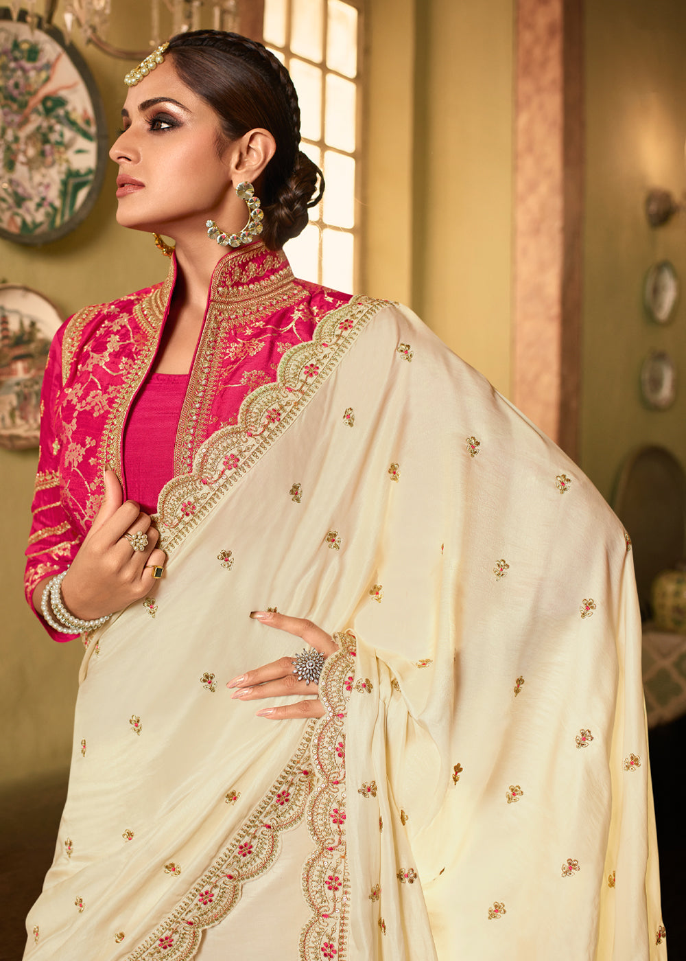 Buy MySilkLove Hampton White Designer Embroidered Silk Saree Online