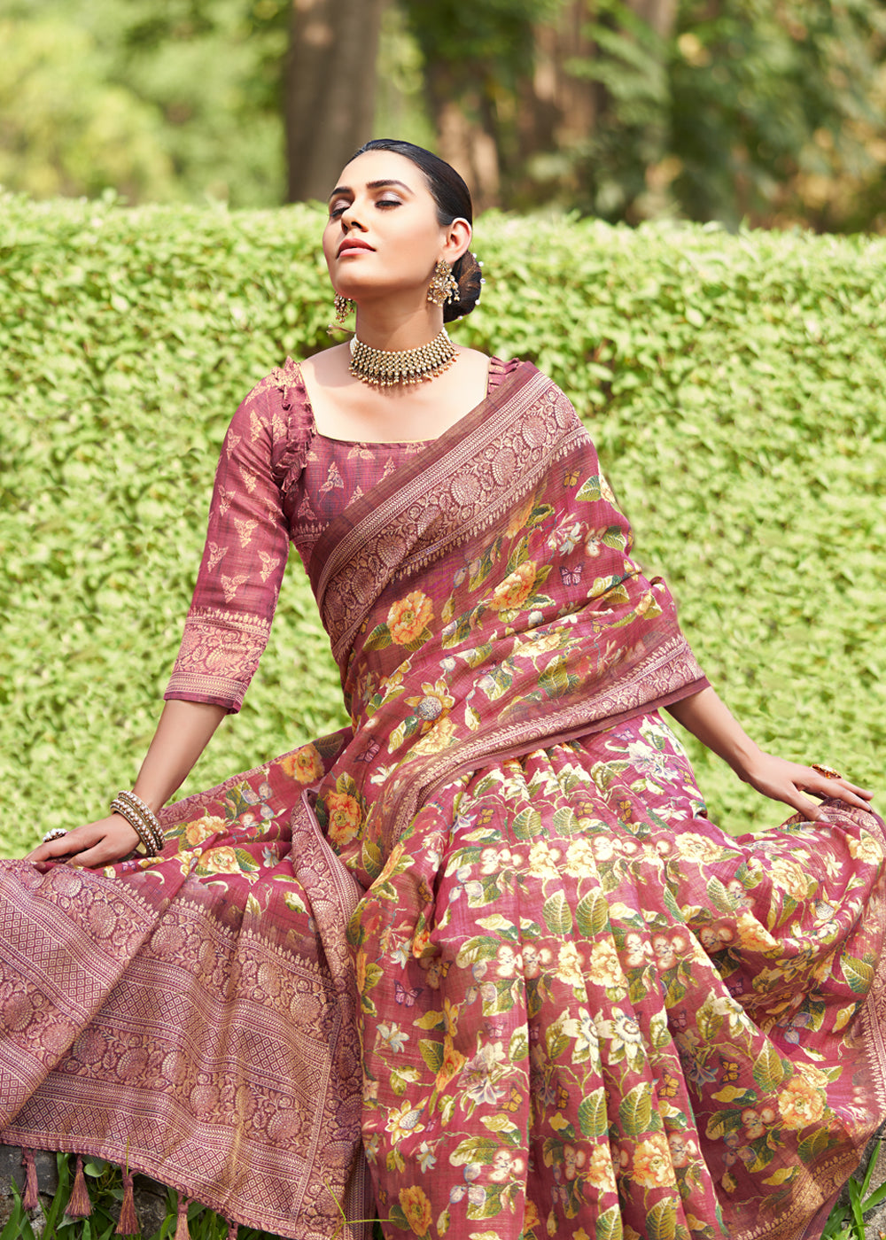 Buy MySilkLove Contessa Maroon Linen Kalamkari Digital Print Saree Online