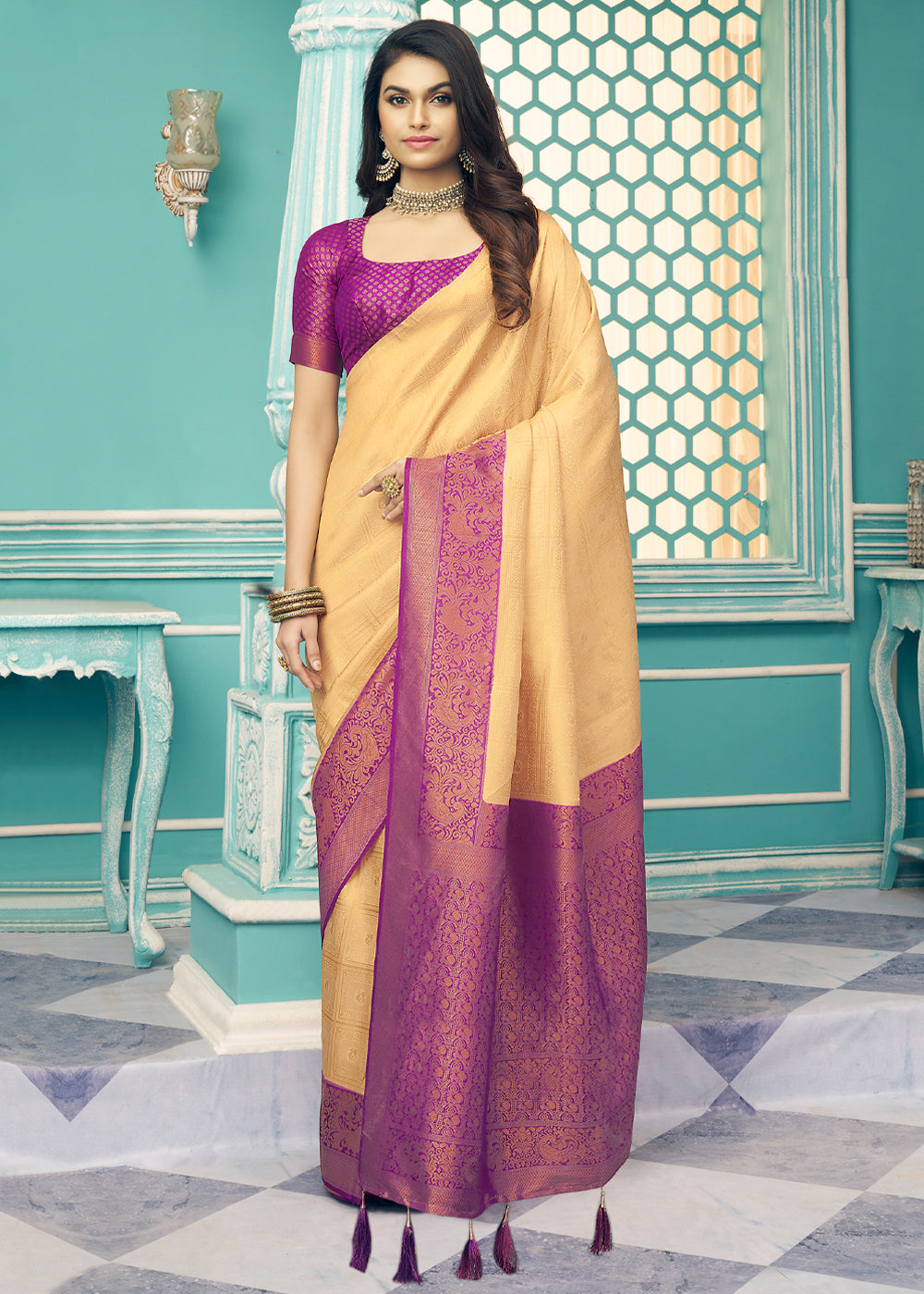 Buy MySilkLove Salomie Yellow and Purple kanjivaram saree Online
