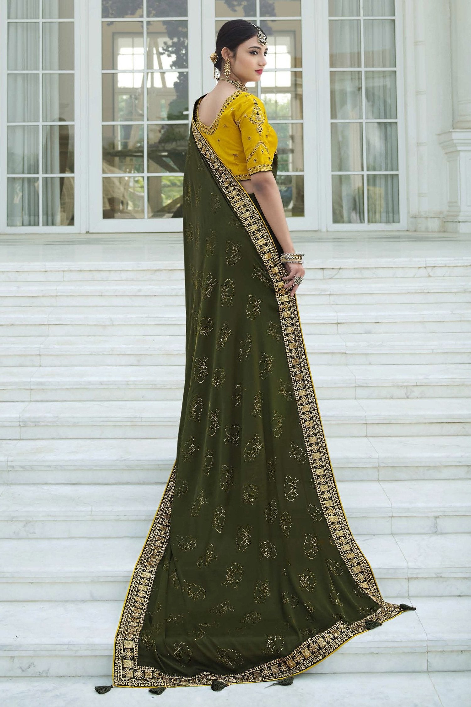 Buy MySilkLove Birch Green and Yellow Chiffon Stone Work Saree Online