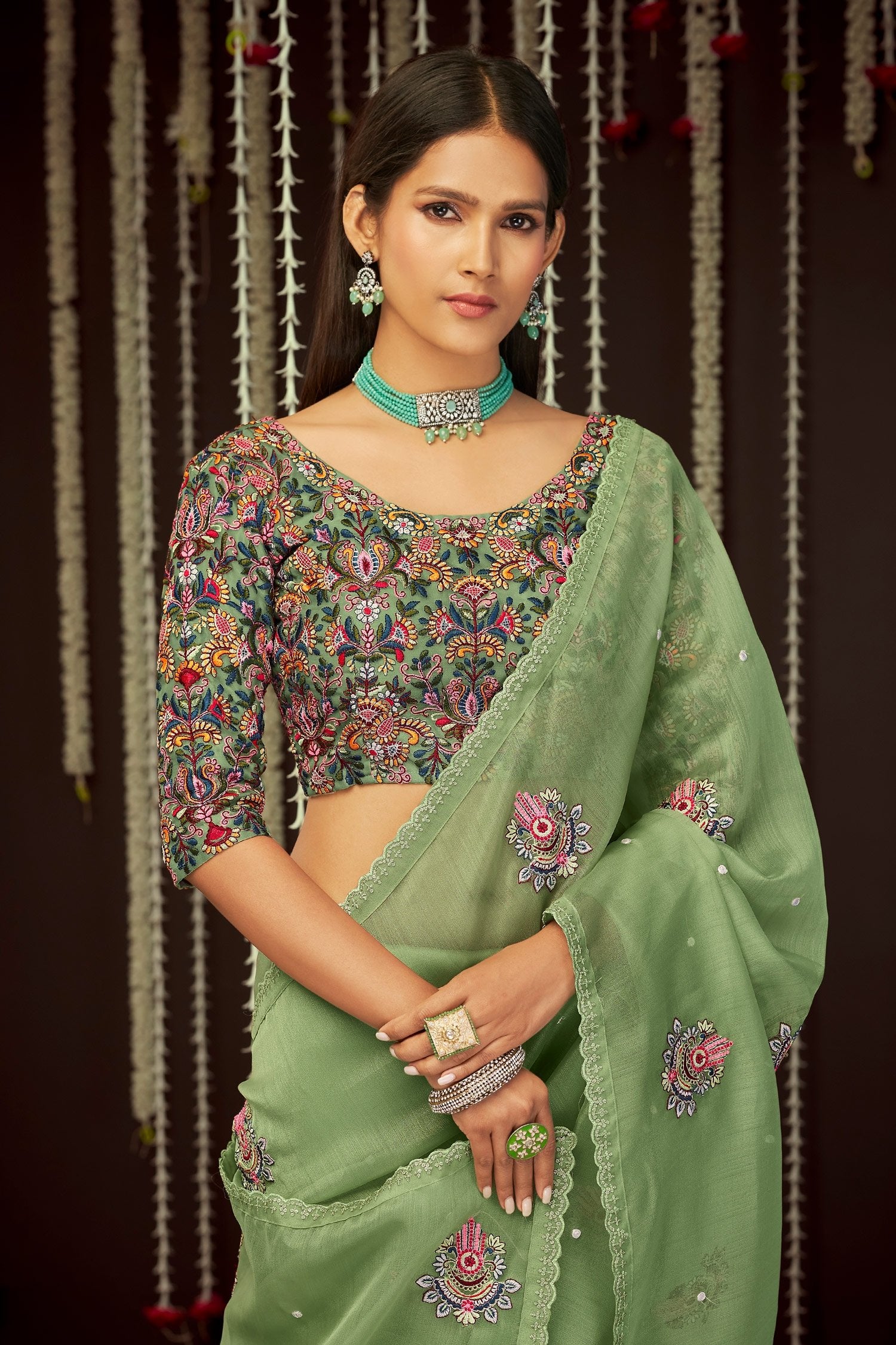 Buy MySilkLove Green Smoke Organza Designer Silk Saree Online