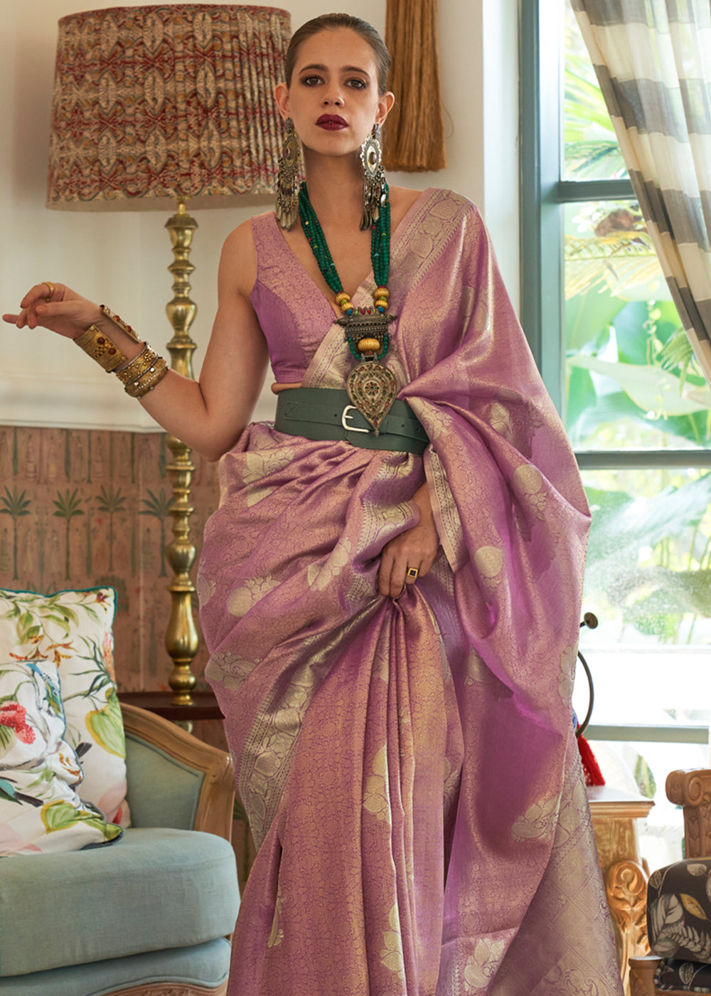Buy MySilkLove Old Rose Purple Woven Banarasi Satin Tissue Silk Saree Online