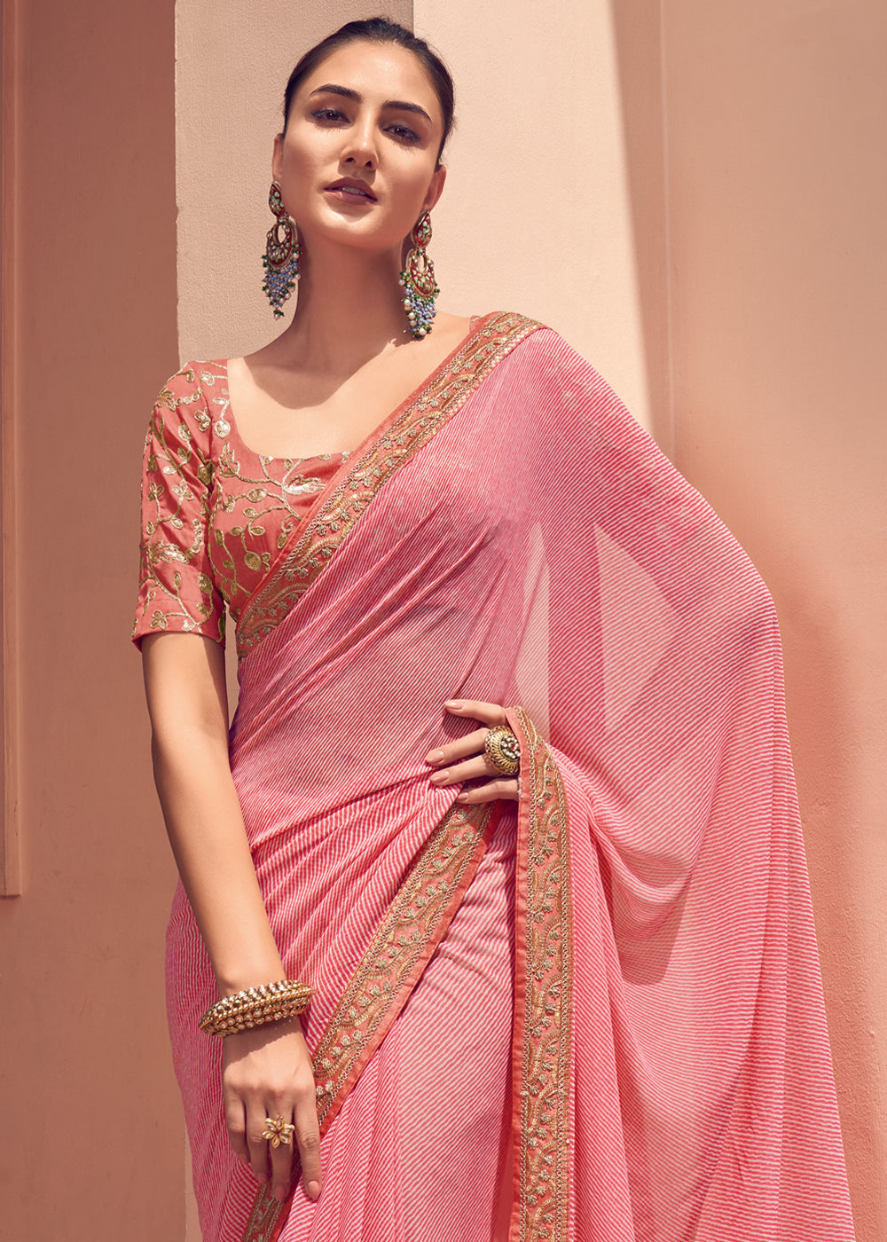 Buy MySilkLove Petite Pink Lehriya Print Georgette Saree With Embroidered Blouse Online