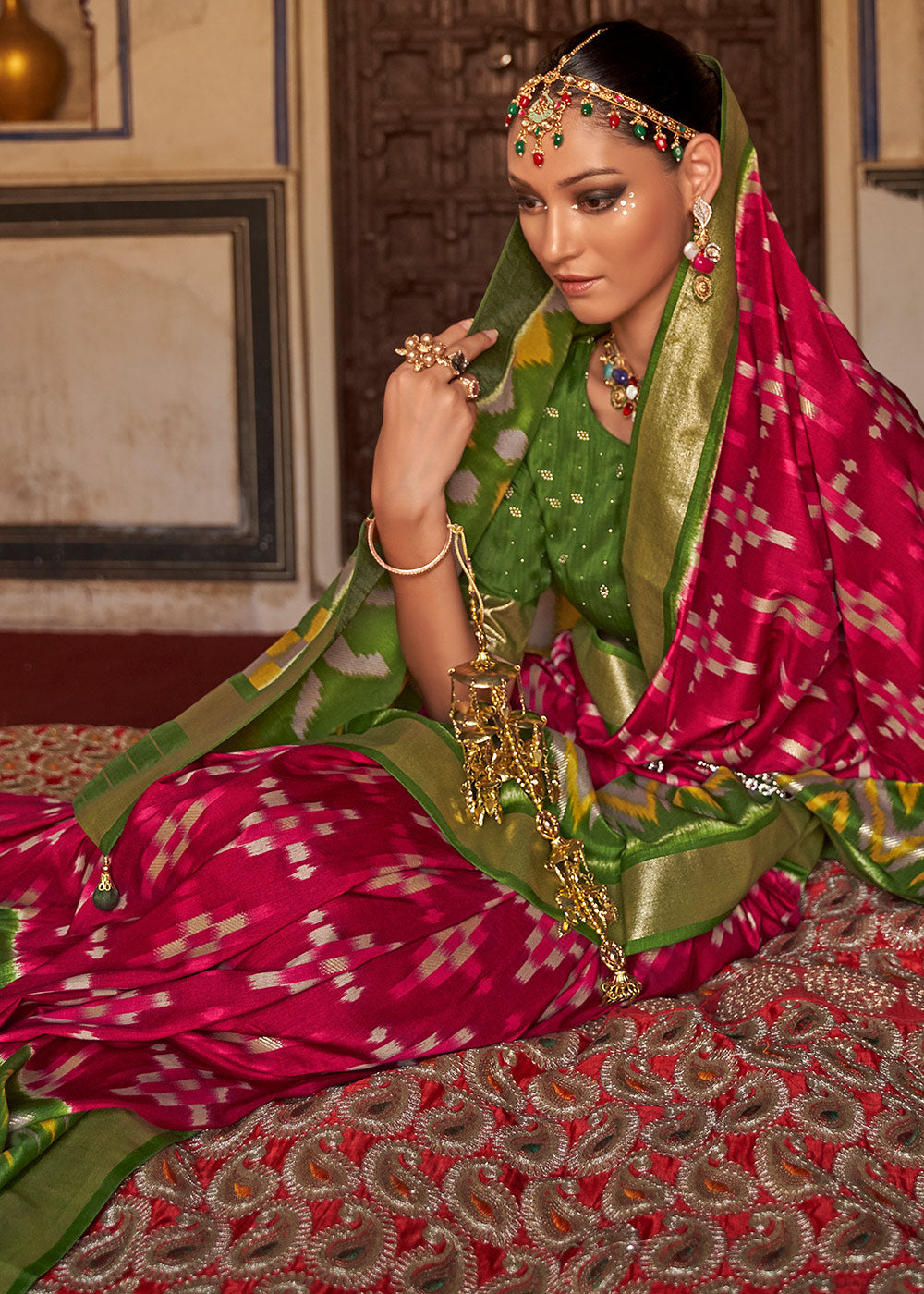 Buy MySilkLove Cedar Red and Green Printed Patola Silk Saree Online