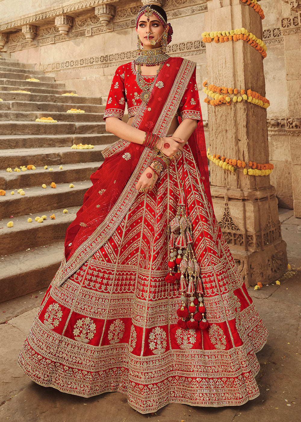 Buy Crimson Red Silk Lehenga Choli With Heavy Zari Embroidery