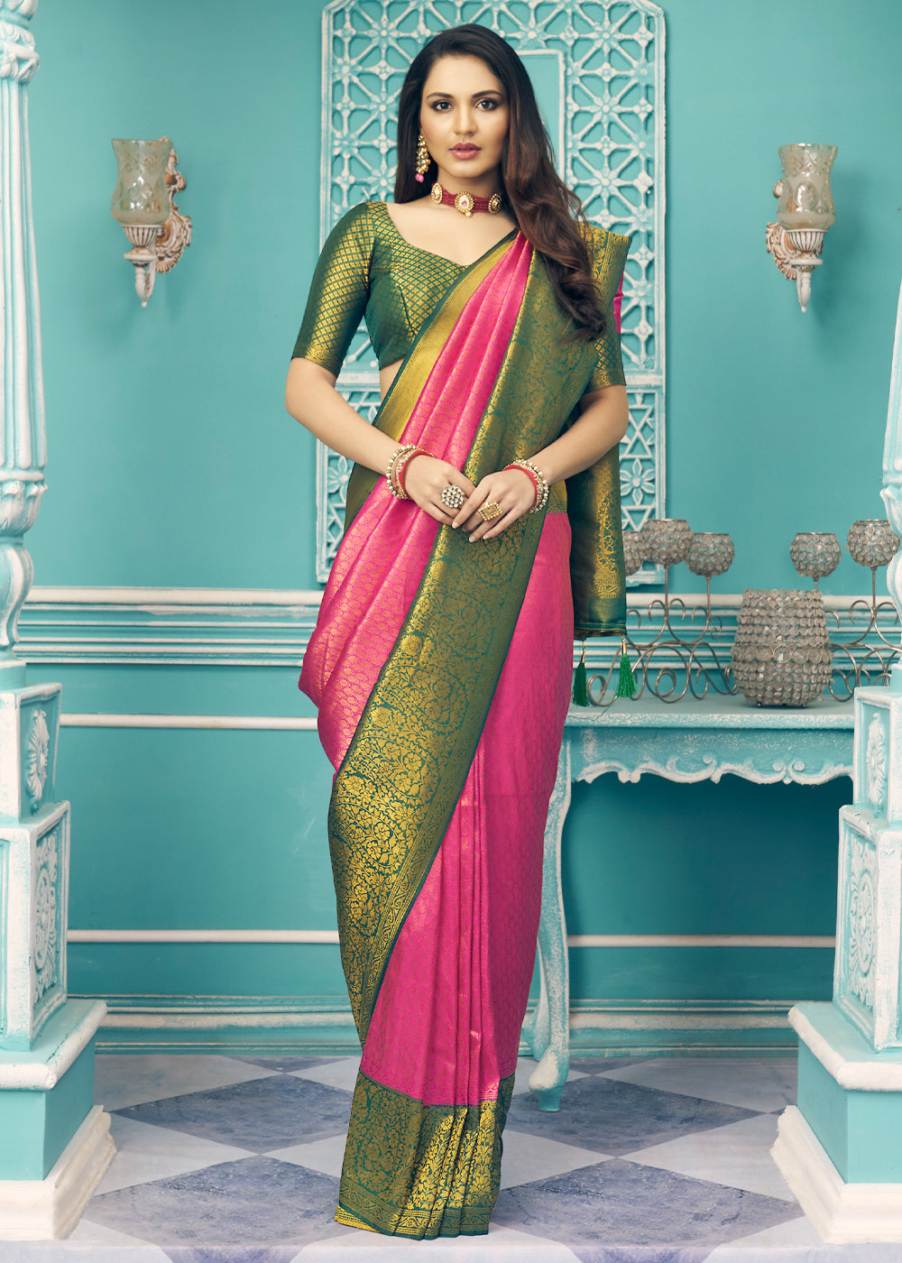 tickle-me-pink-and-green-kanjivaram-saree-mysilklove