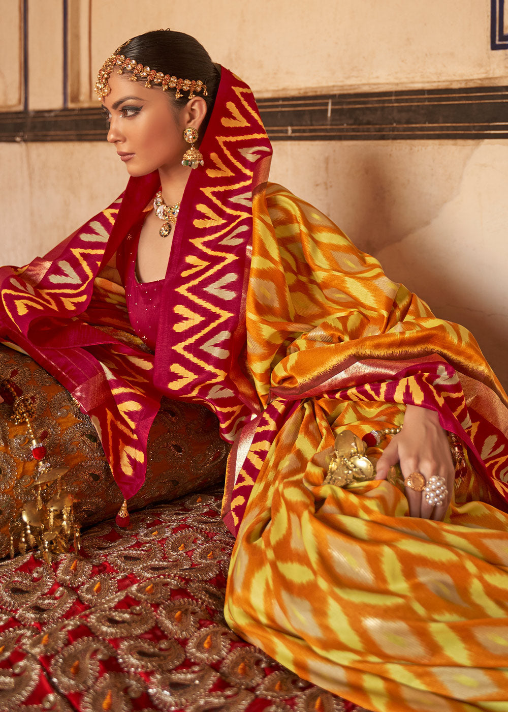 Buy MySilkLove Buttercup Yellow and Red Printed Patola Silk Saree Online