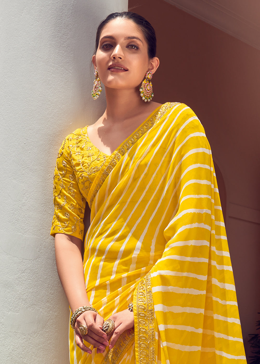Buy MySilkLove Tulip Tree Yellow Lehriya Print Georgette Saree With Embroidered Blouse Online