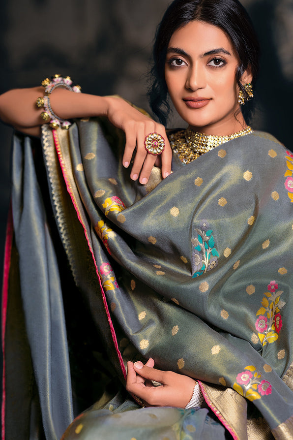 MySilkLove Flint Grey Zari Woven Banarasi Saree