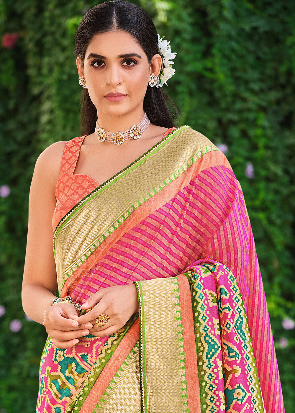 Buy MySilkLove Froly Pink and Green Brasso Patola Printed Saree Online