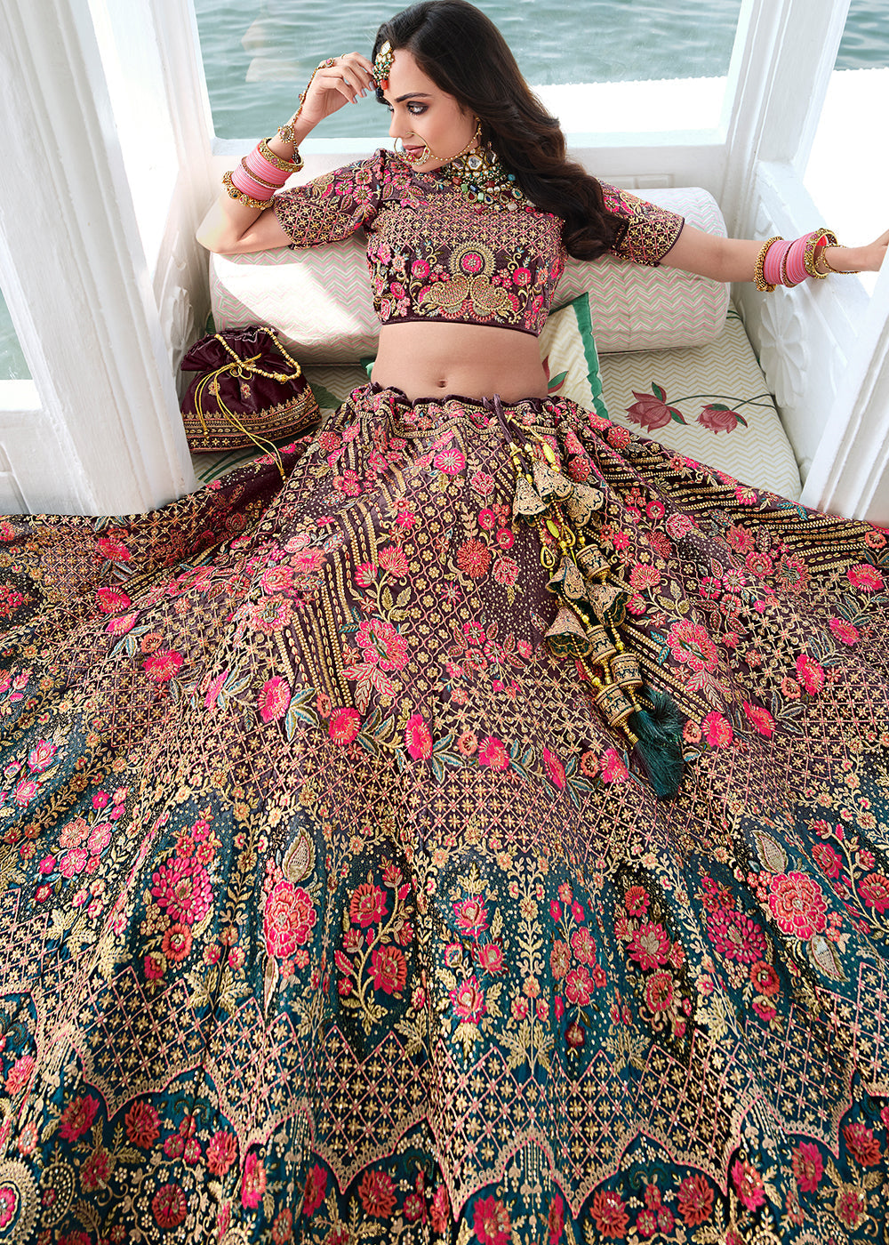 Buy MySilkLove Roman Grey and Blue Dual Tone Heavy Embroidered Velvet Lehenga Online