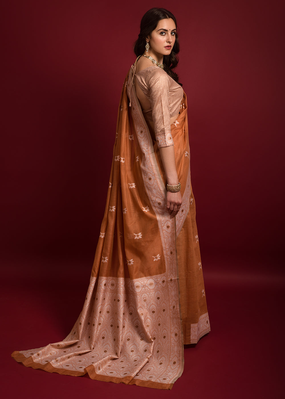 MySilkLove Peach Orange Chikankari Chanderi Cotton Woven Saree