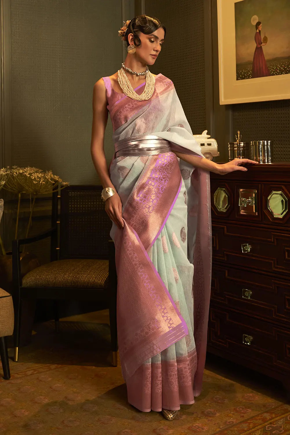 Buy MySilkLove Thistle Green Copper Zari Woven Linen Saree Online