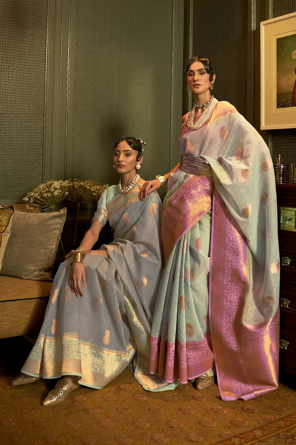 Buy MySilkLove Thistle Green Copper Zari Woven Linen Saree Online