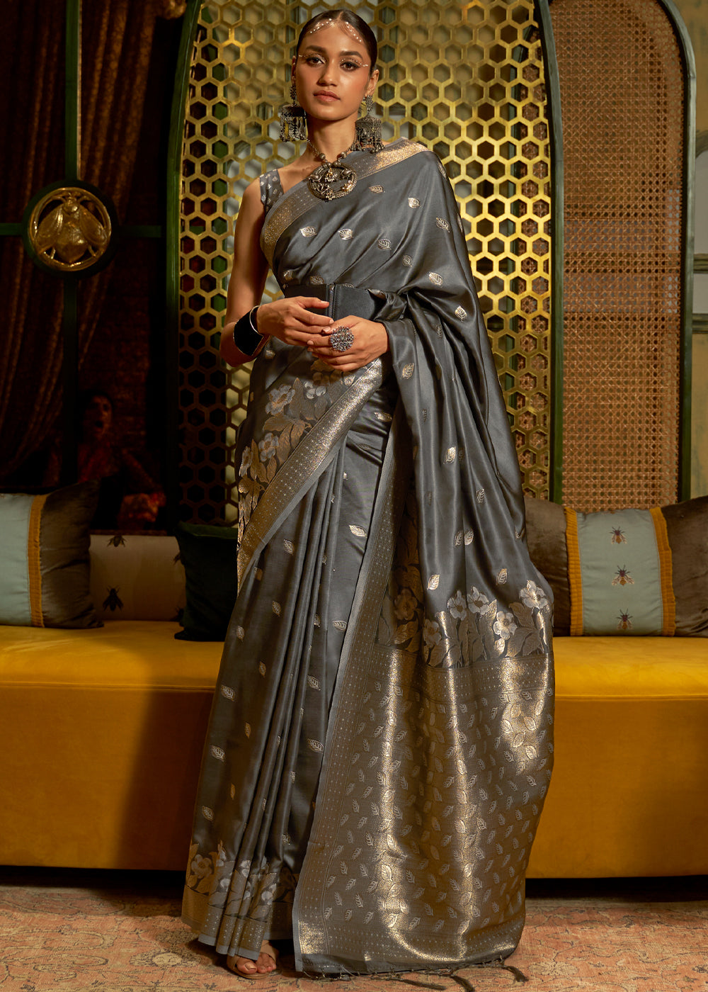 Cement Grey Woven Banarasi Tissue Silk Saree – MySilkLove