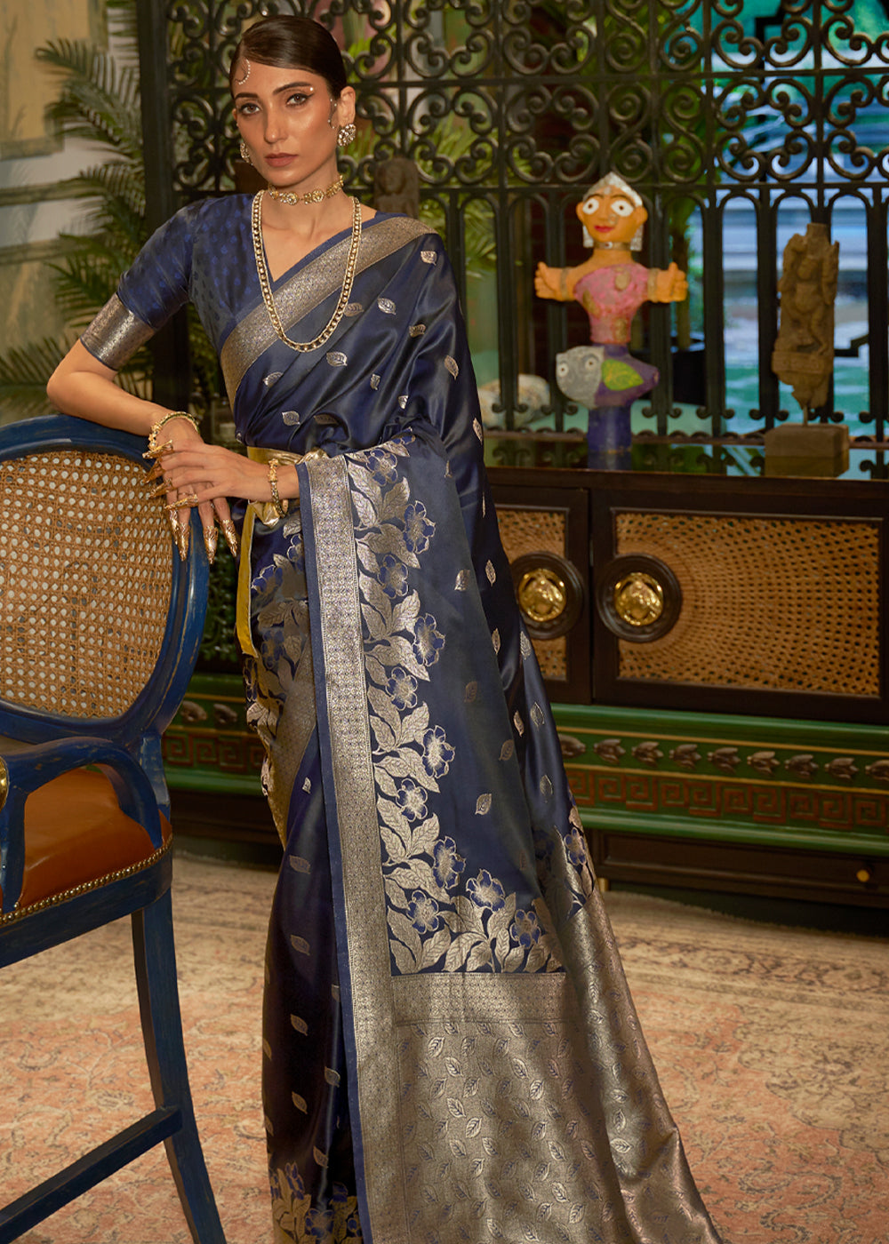 Buy MySilkLove Ebony Clay Blue woven Banarasi Silk Saree Online