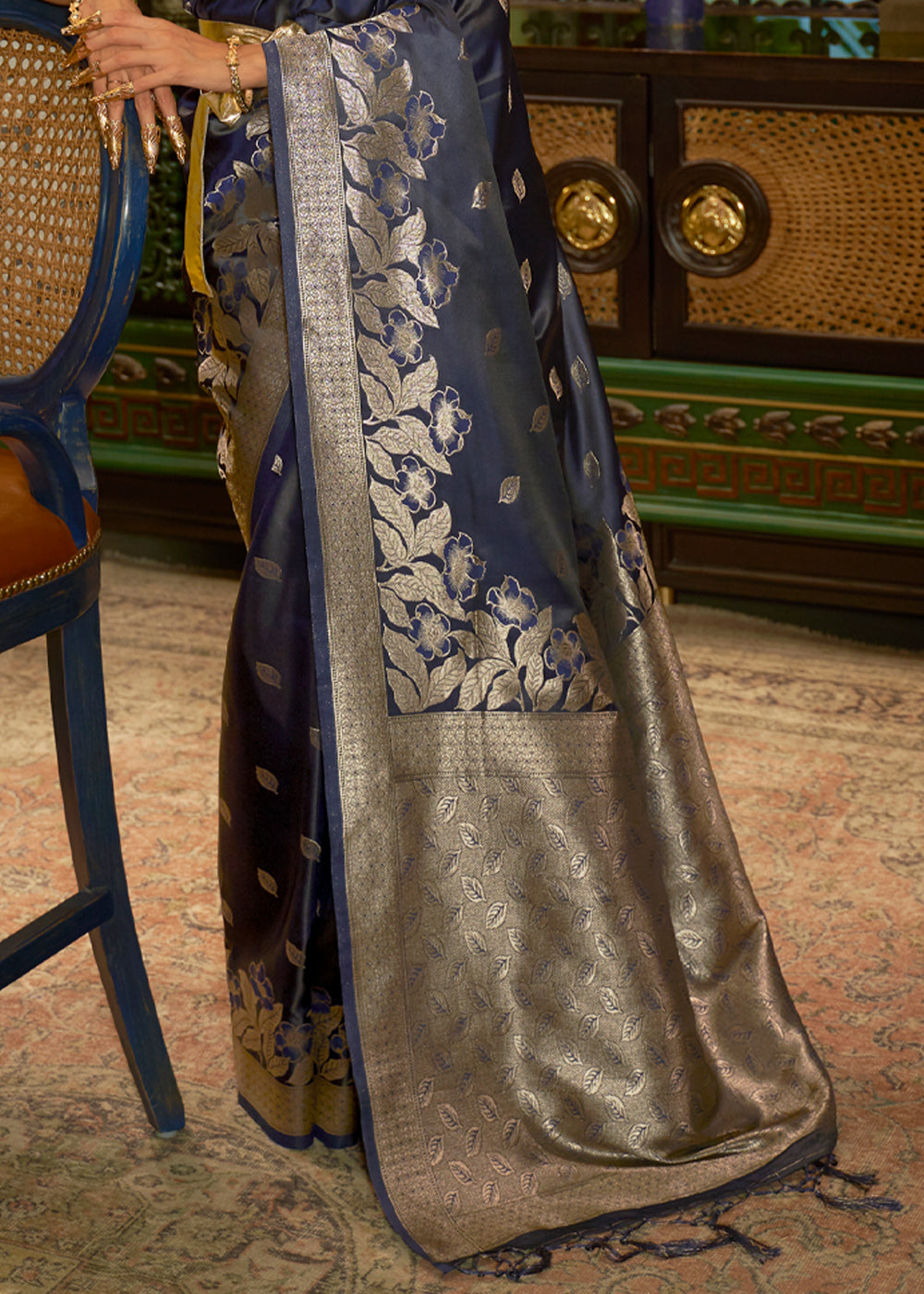 Buy MySilkLove Ebony Clay Blue woven Banarasi Silk Saree Online