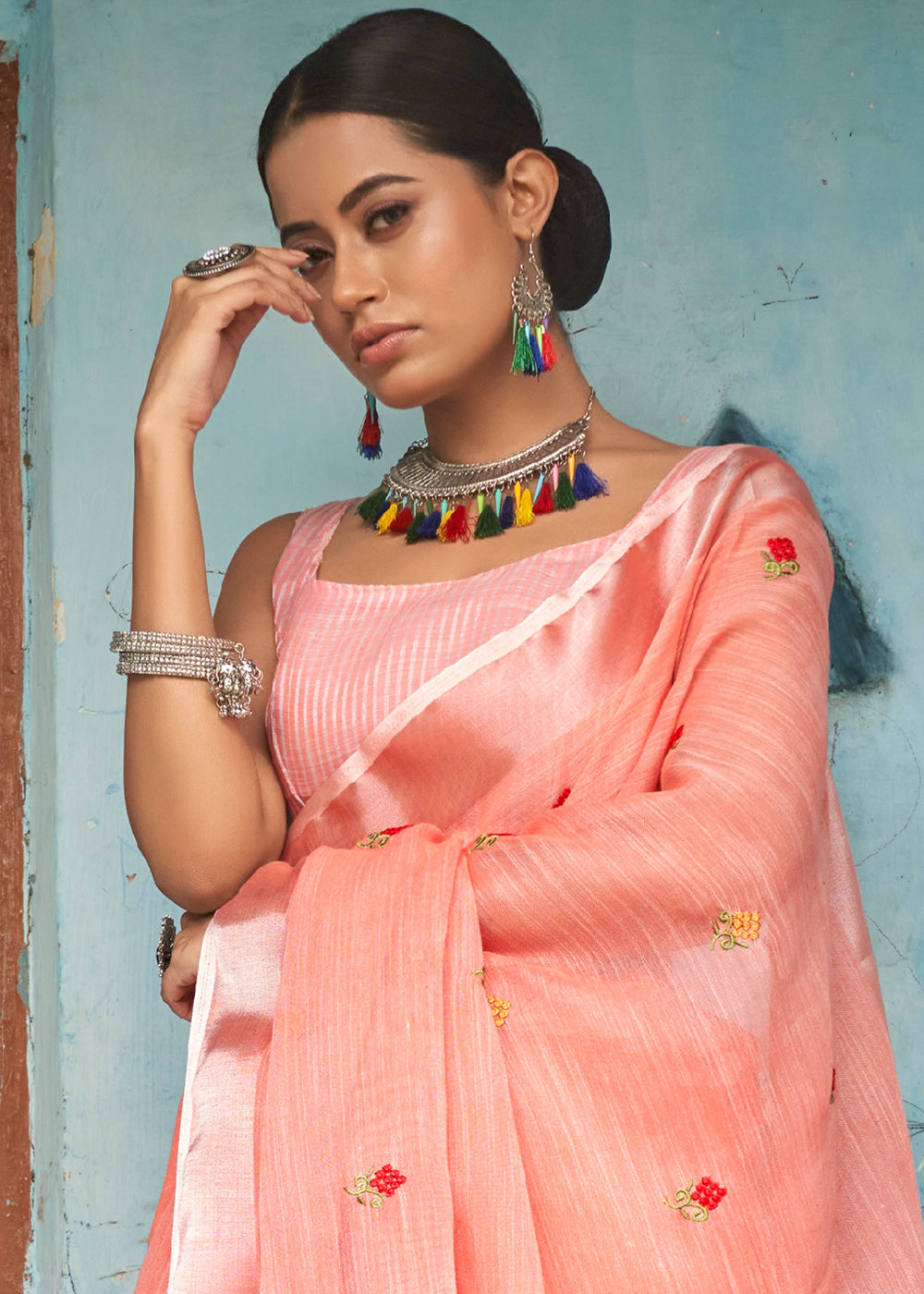 Buy MySilkLove Wax Flower Peach Floral Embroidered Linen Saree Online