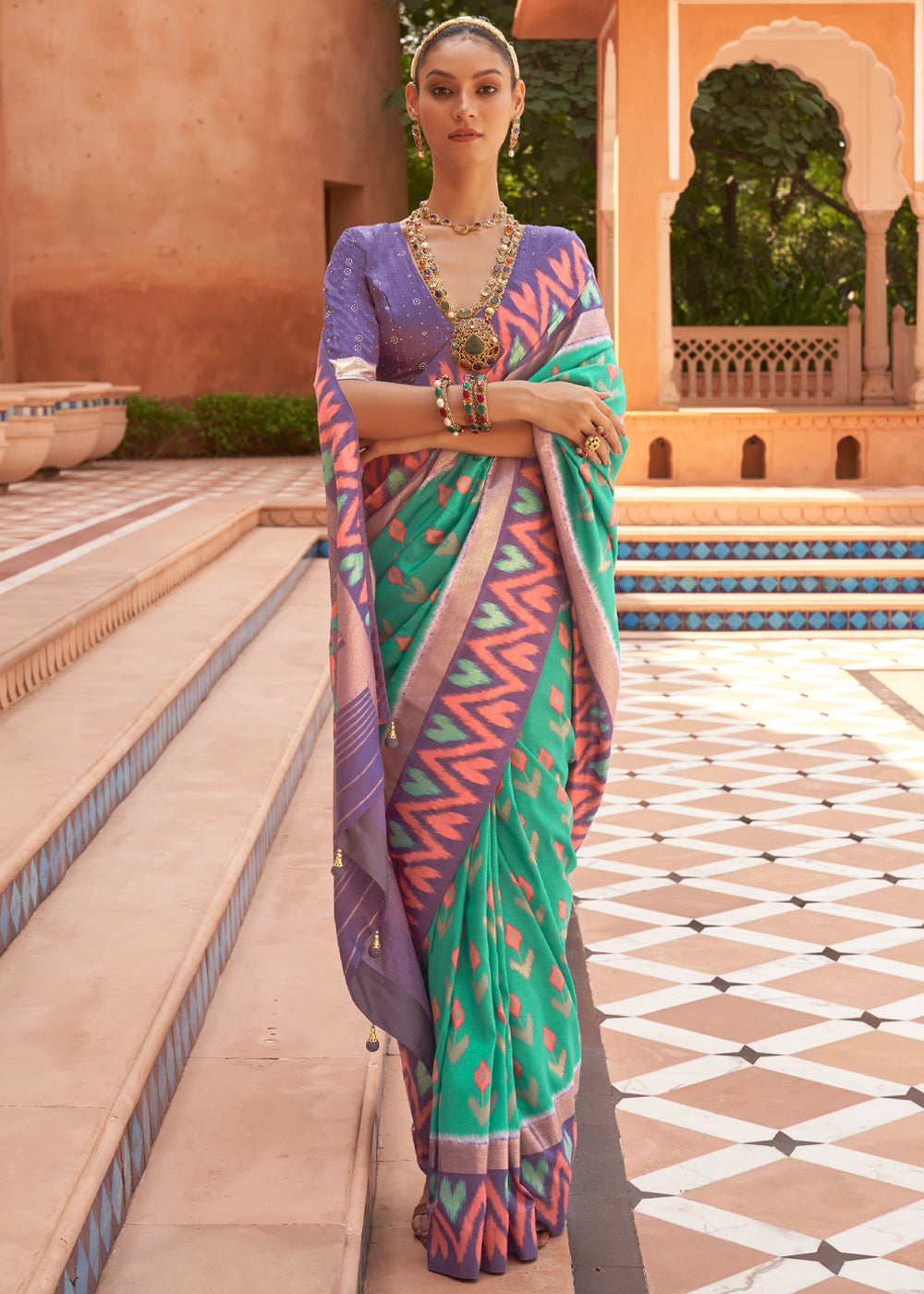 Buy MySilkLove Bay Leaf Green and Purple Patola Silk Saree Online