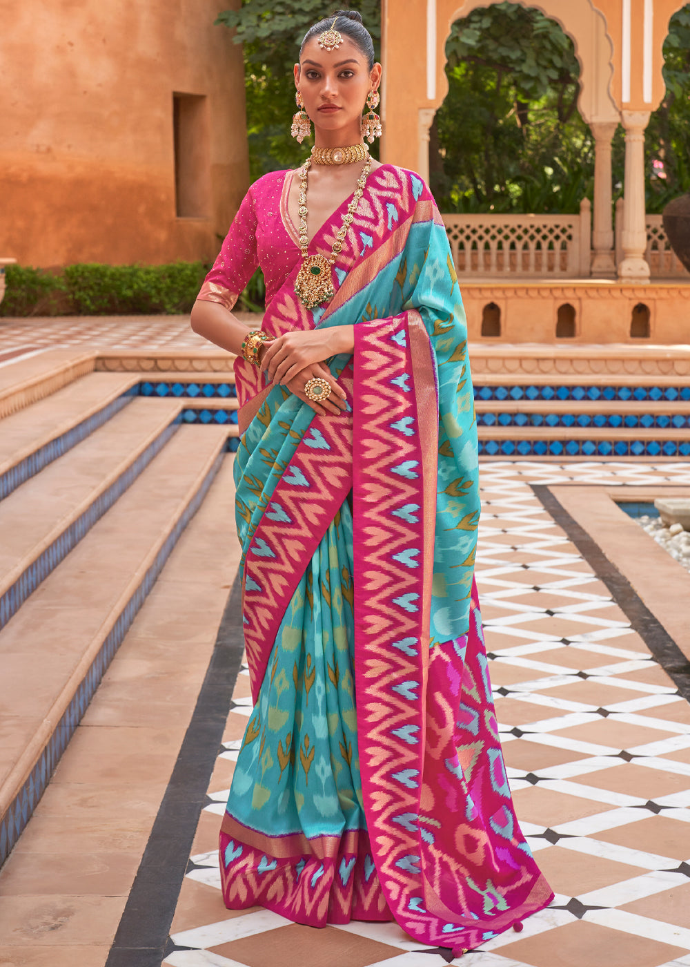 Buy MySilkLove Paradiso Blue and Pink Patola Silk Saree Online