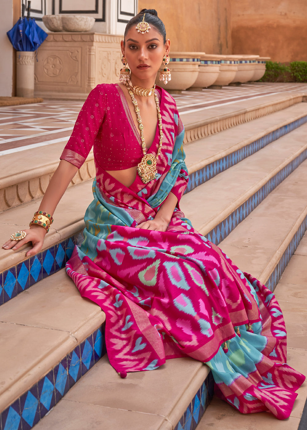 Buy MySilkLove Paradiso Blue and Pink Patola Silk Saree Online
