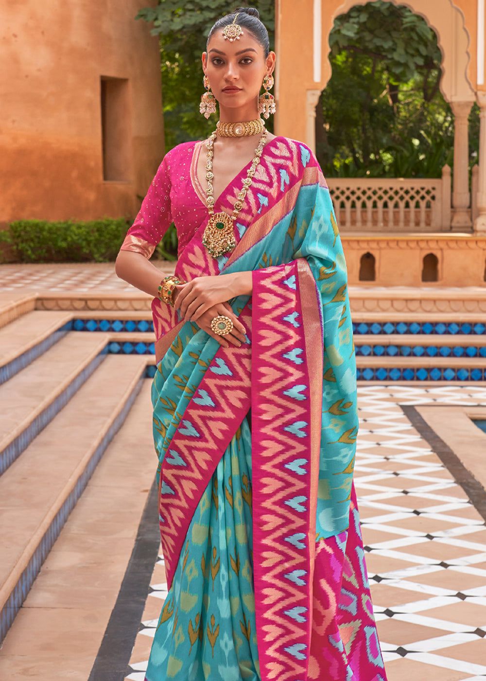 Buy MySilkLove Paradiso Blue and Pink Patola Silk Saree Online